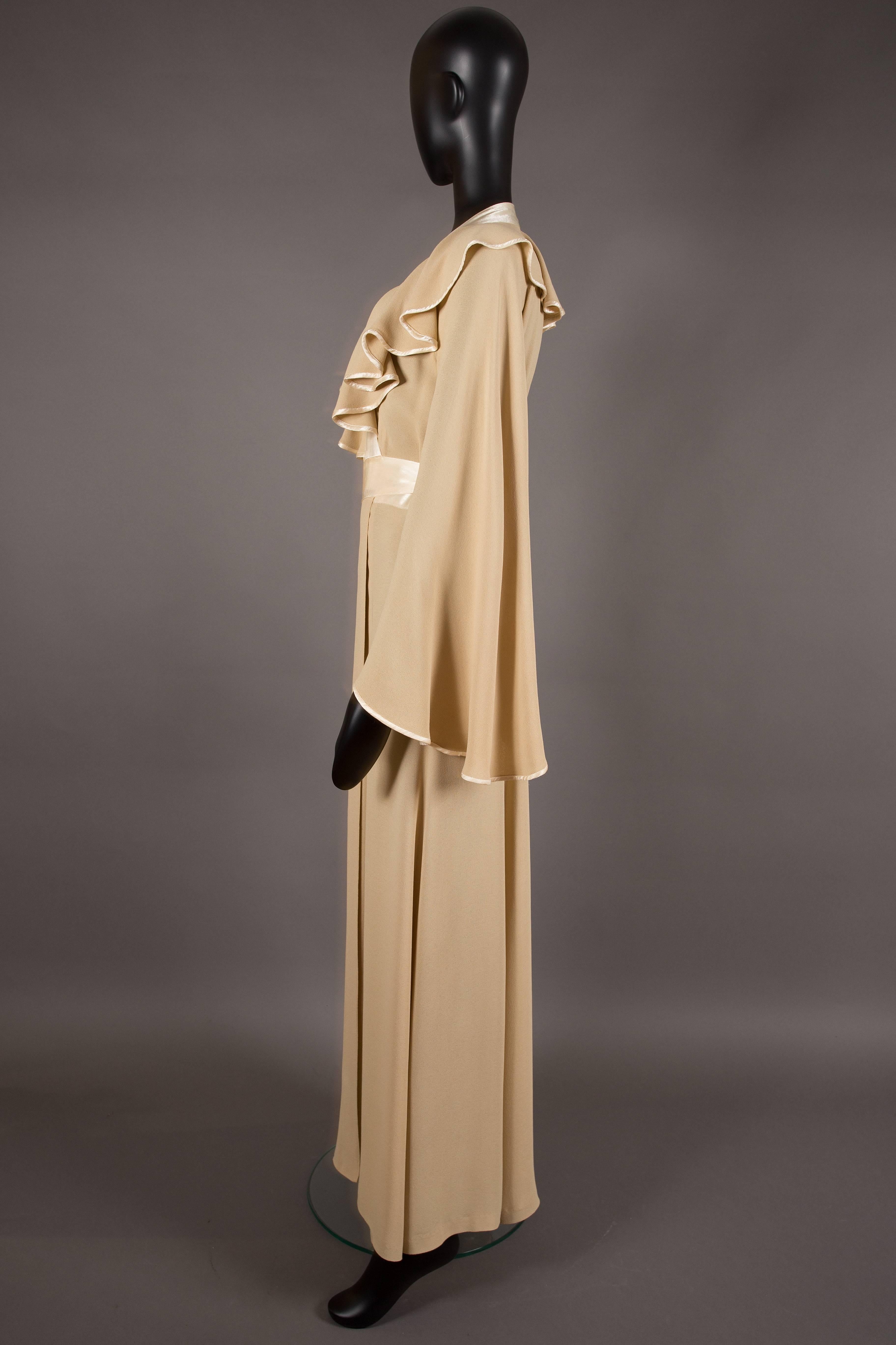 Beige Ossie Clark couture champagne evening wrap dress, circa 1970