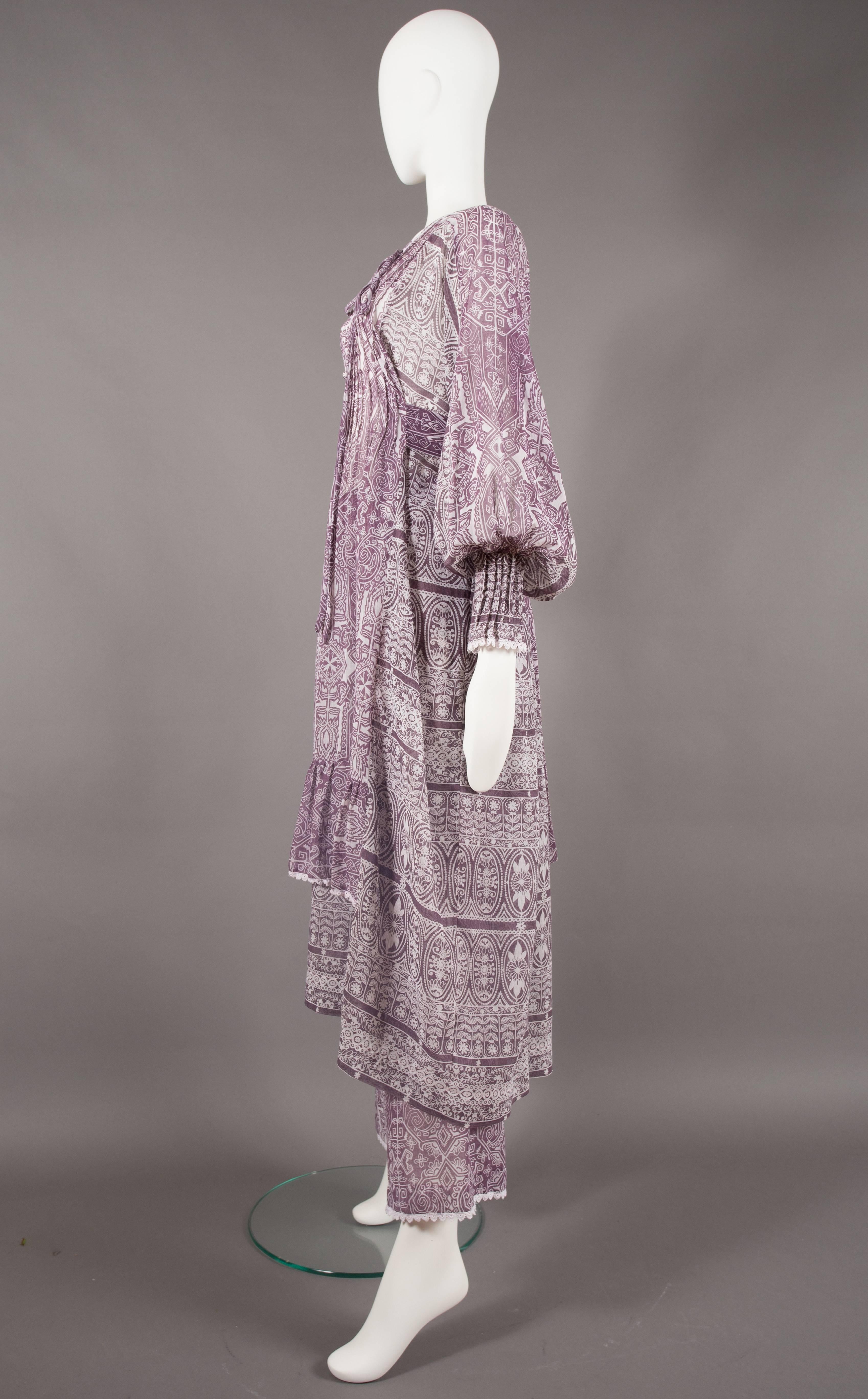 Gray Gina Fratini purple voile cotton summer dress and pants ensemble, circa 1971