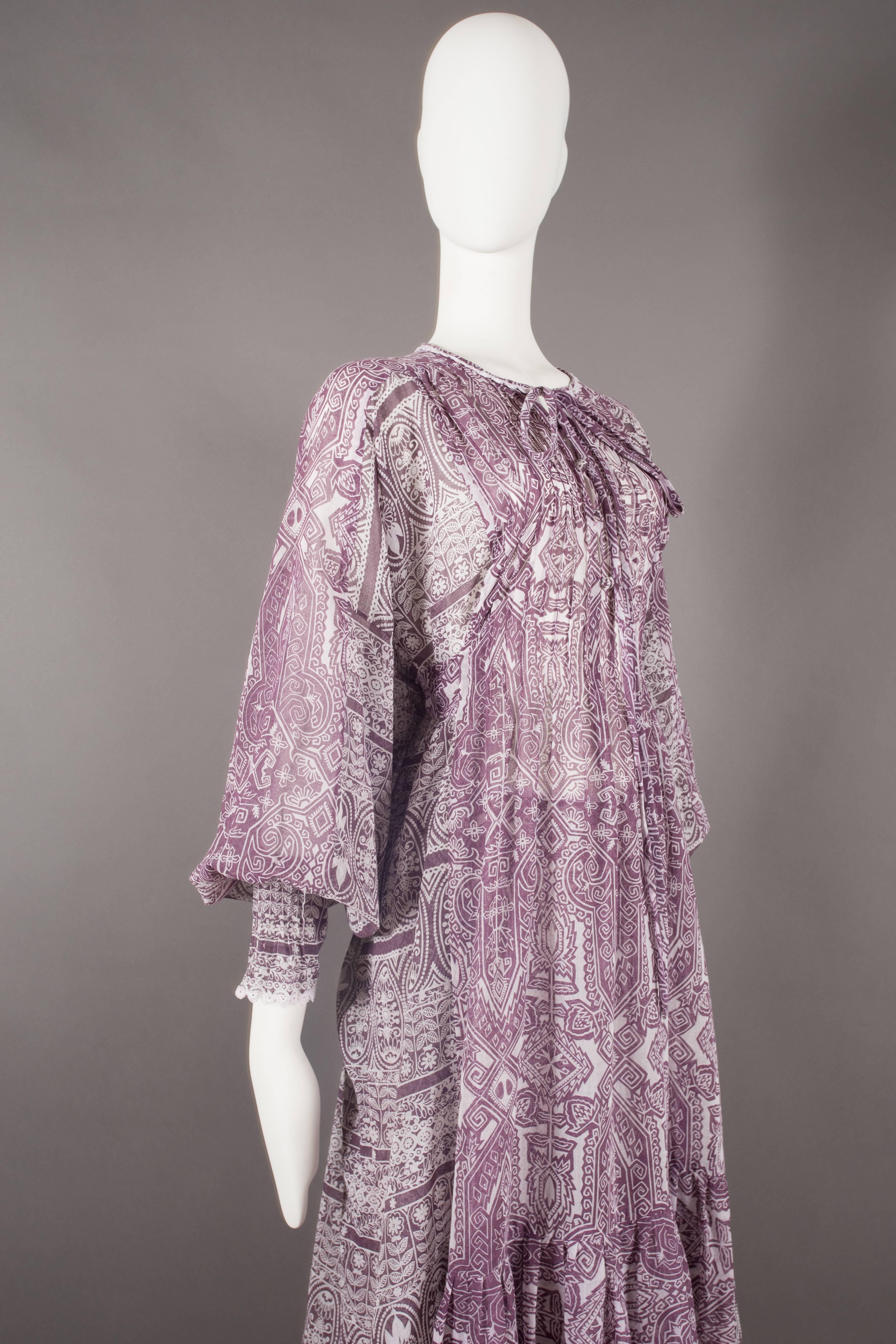 Gina Fratini purple voile cotton summer dress and pants ensemble, circa 1971 In Excellent Condition In London, GB