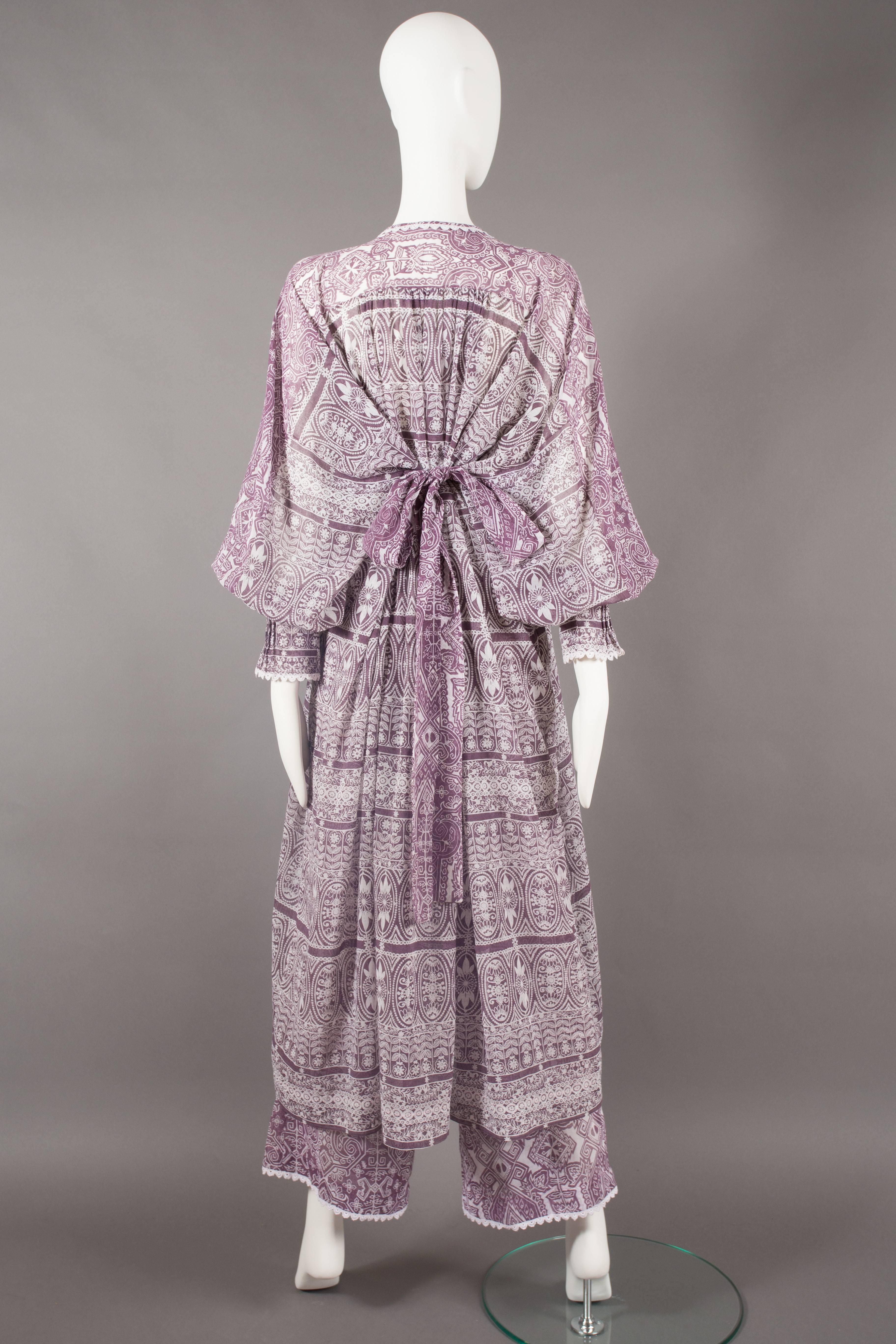 Women's Gina Fratini purple voile cotton summer dress and pants ensemble, circa 1971
