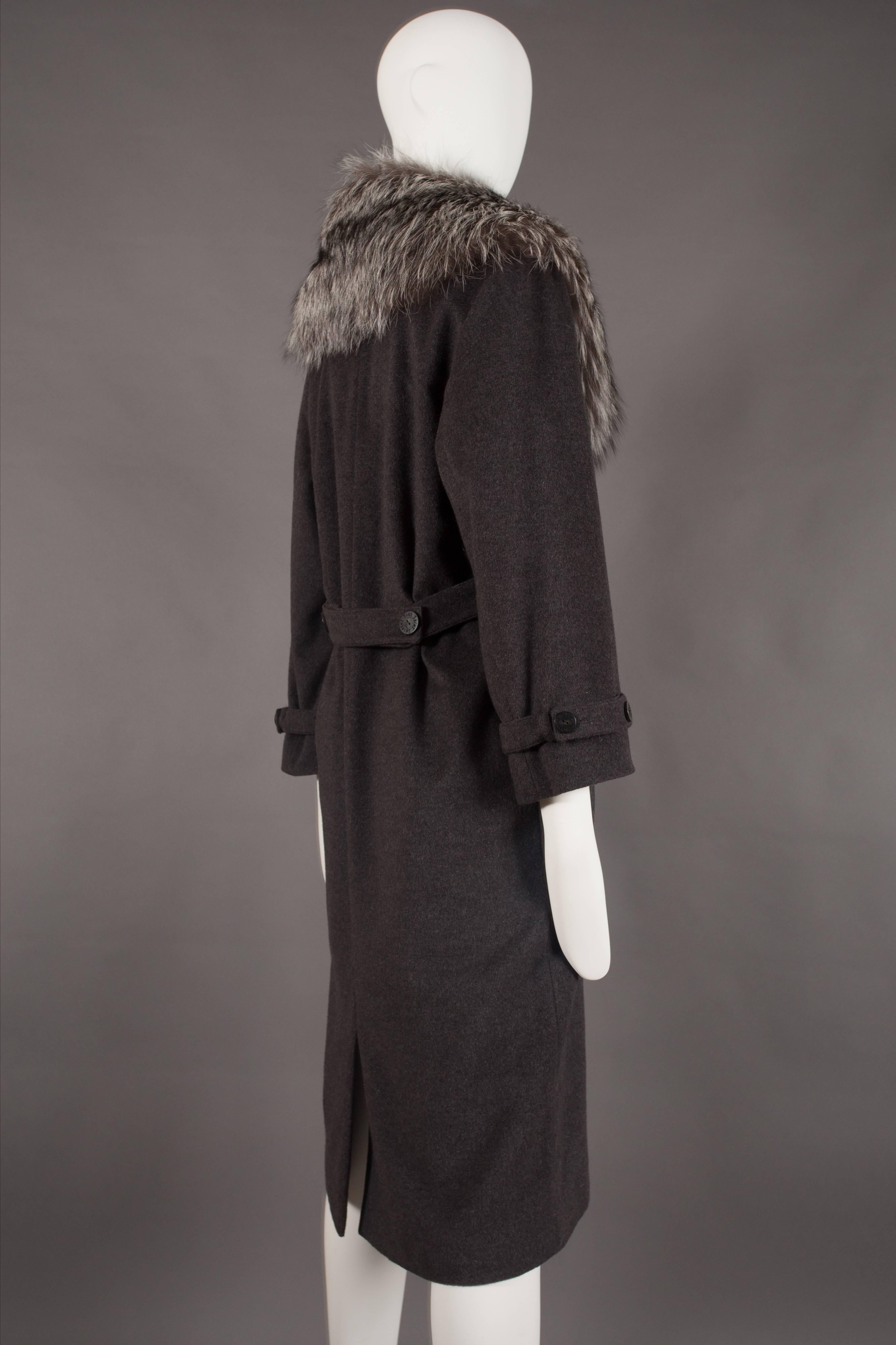 Women's Yves Saint Laurent cashmere fall coat with fox fur collar, circa 1990