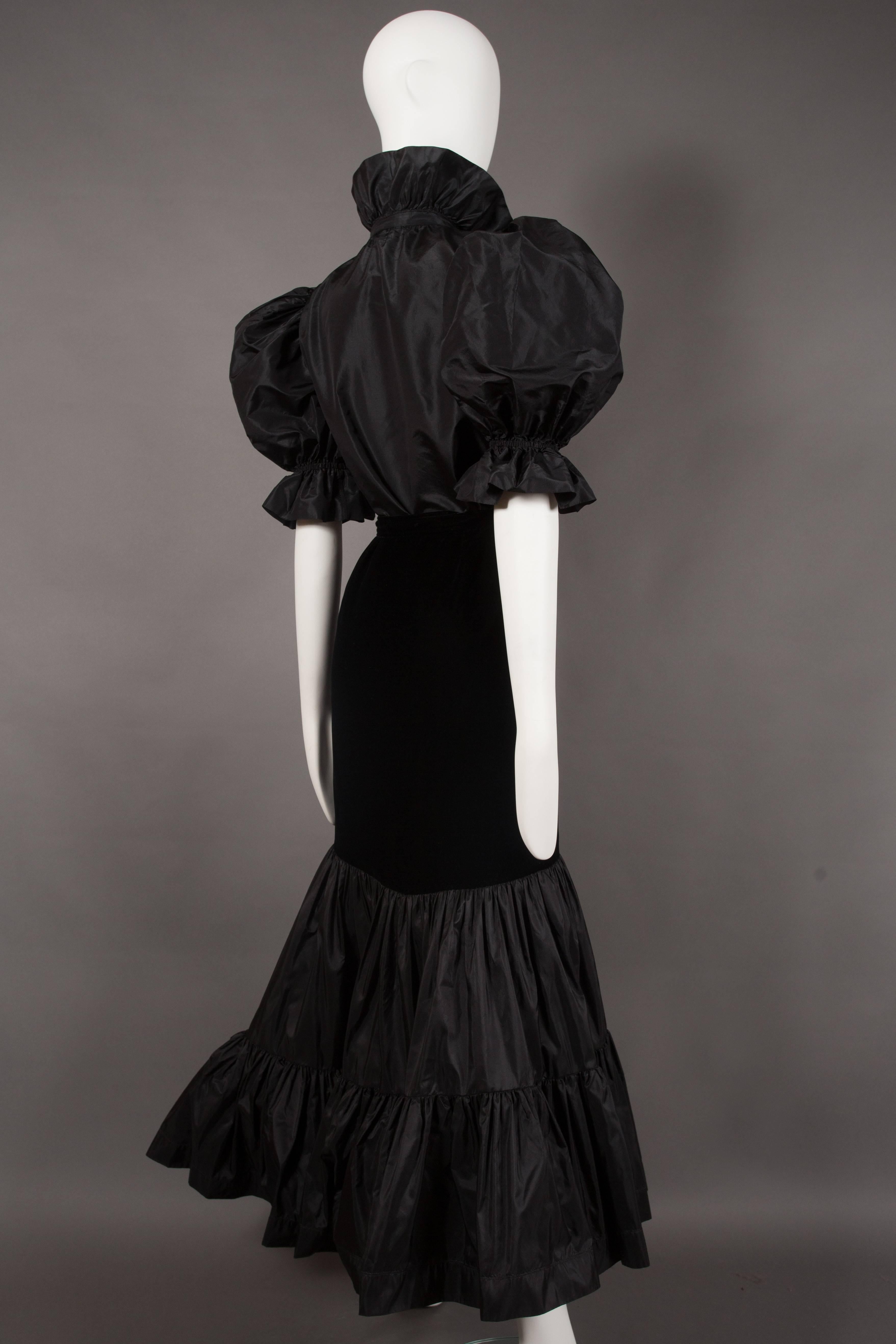 Yves Saint Laurent black silk taffeta and velvet evening ensemble, c. 1977-78 For Sale 1