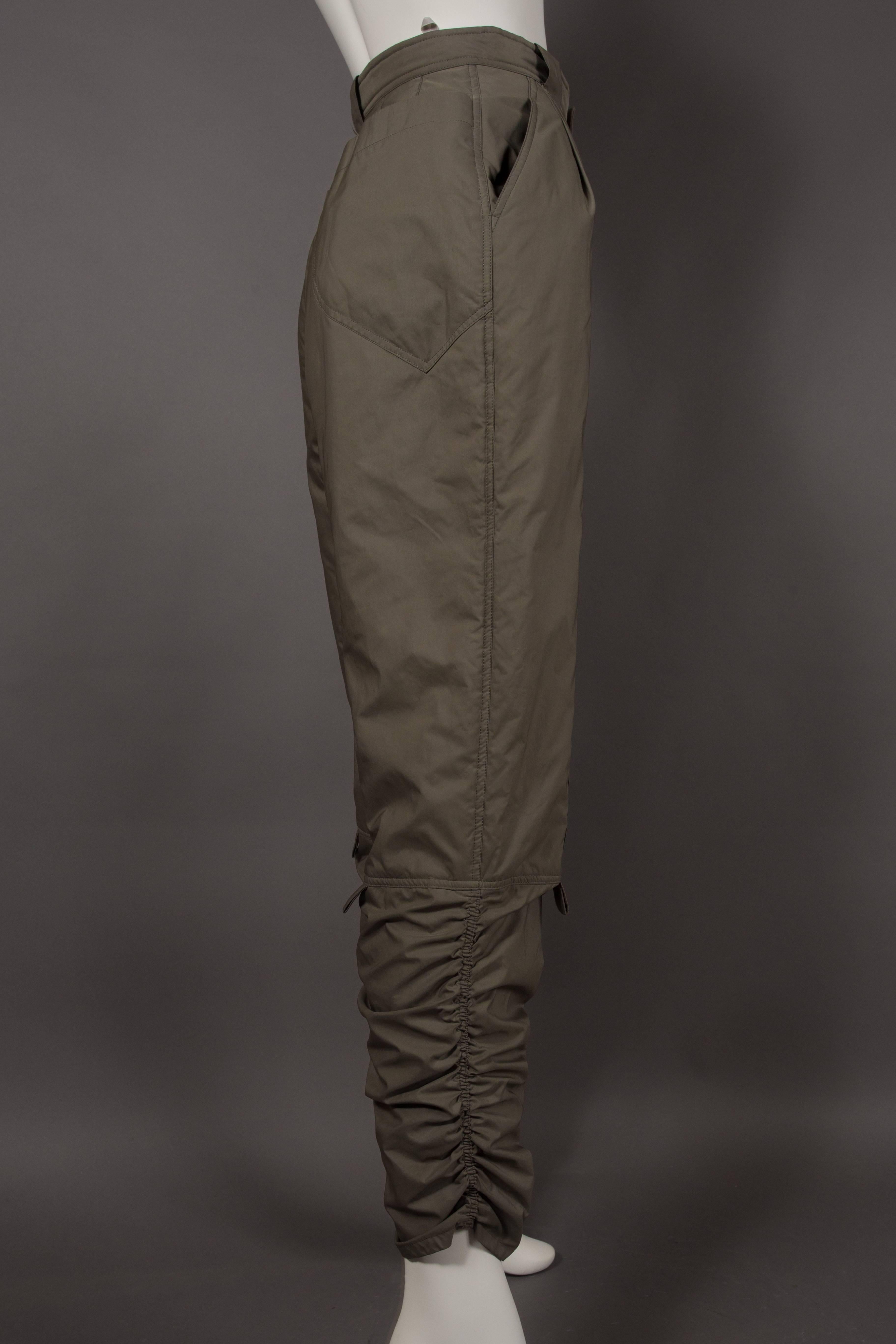 Women's Issey Miyake olive green ruched sports pants, circa 1983