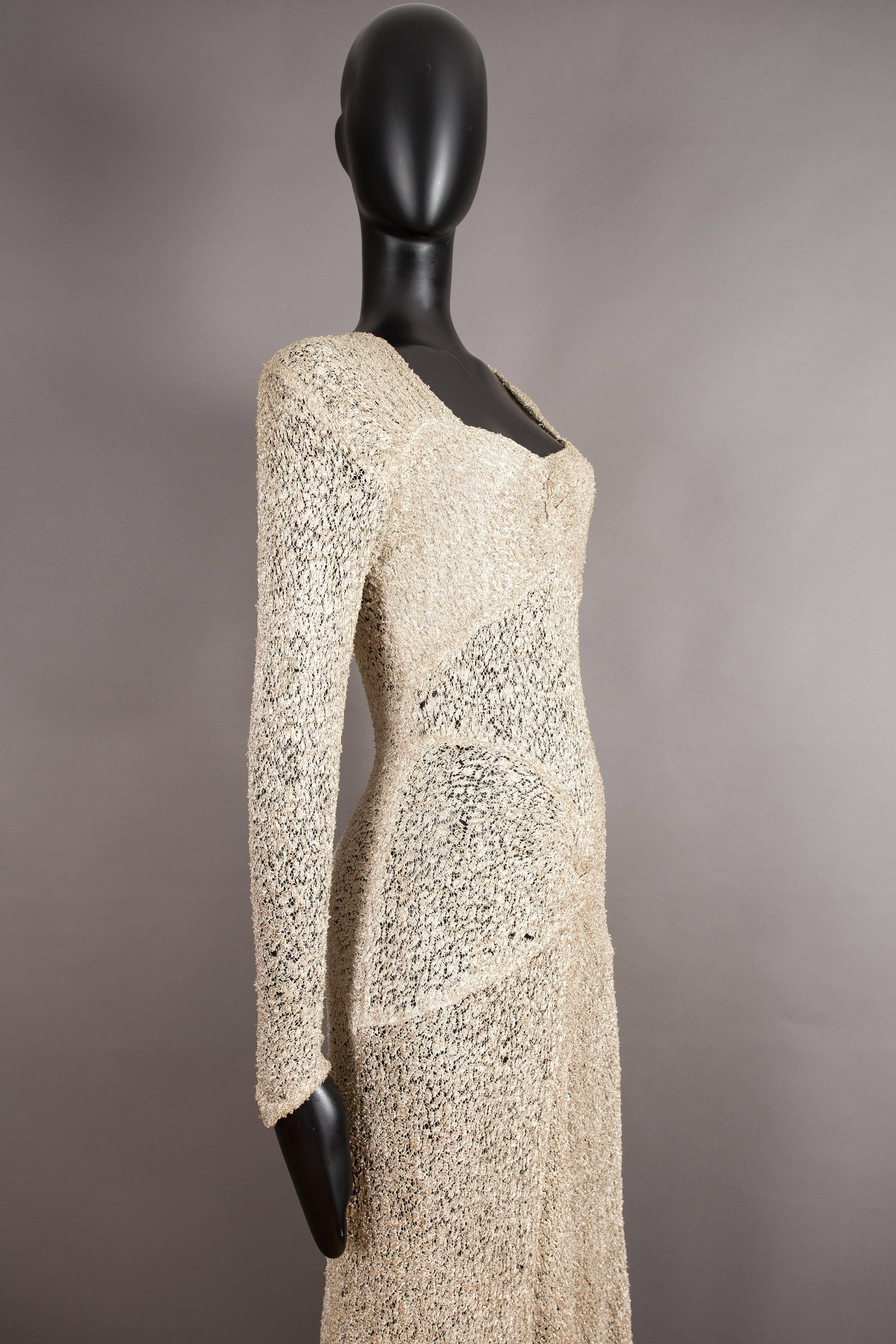 Brown Ann Dawson metallic ivory lame lace knit evening dress, circa 1930s