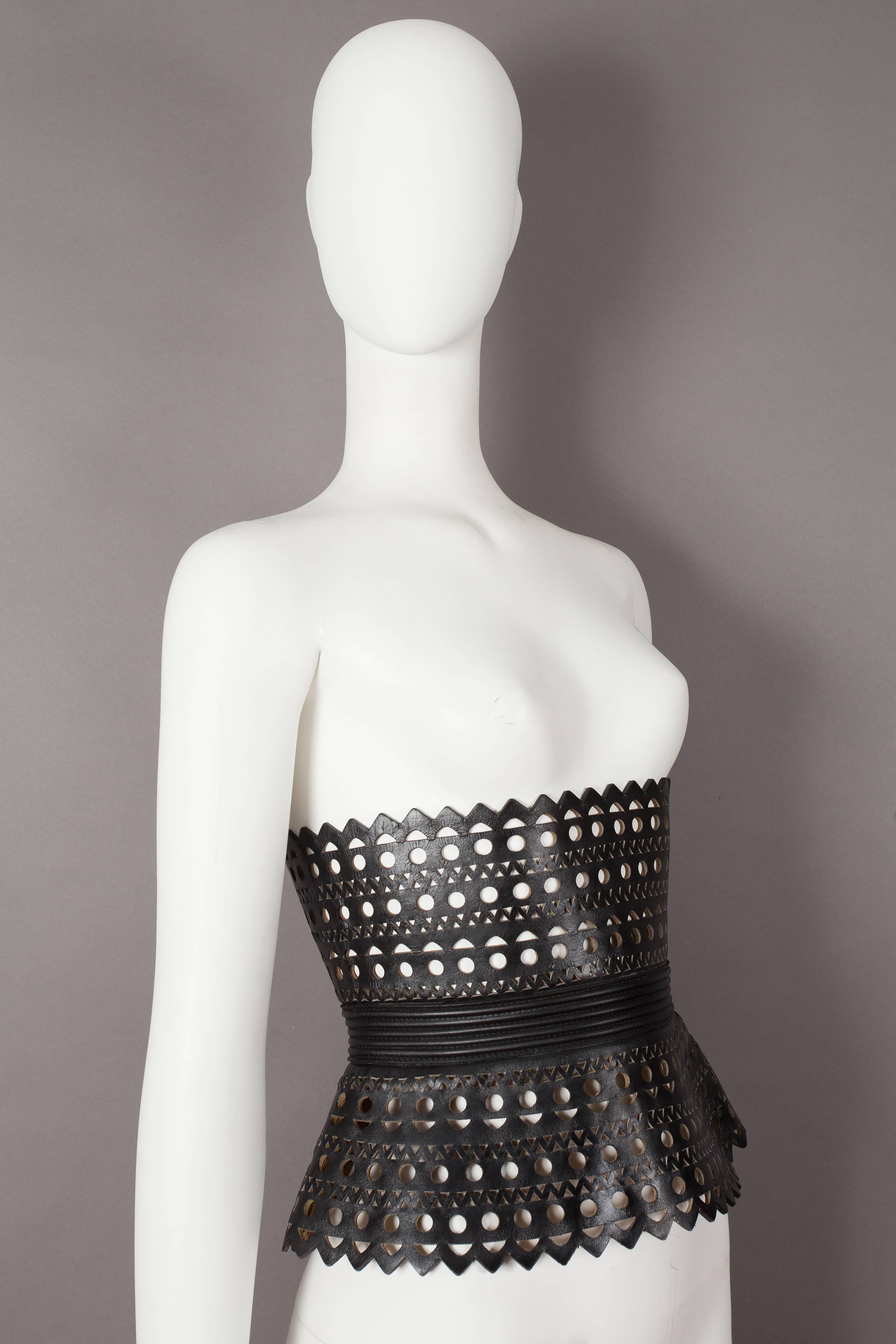 Women's Alaia black laser cut leather corset, circa 1992