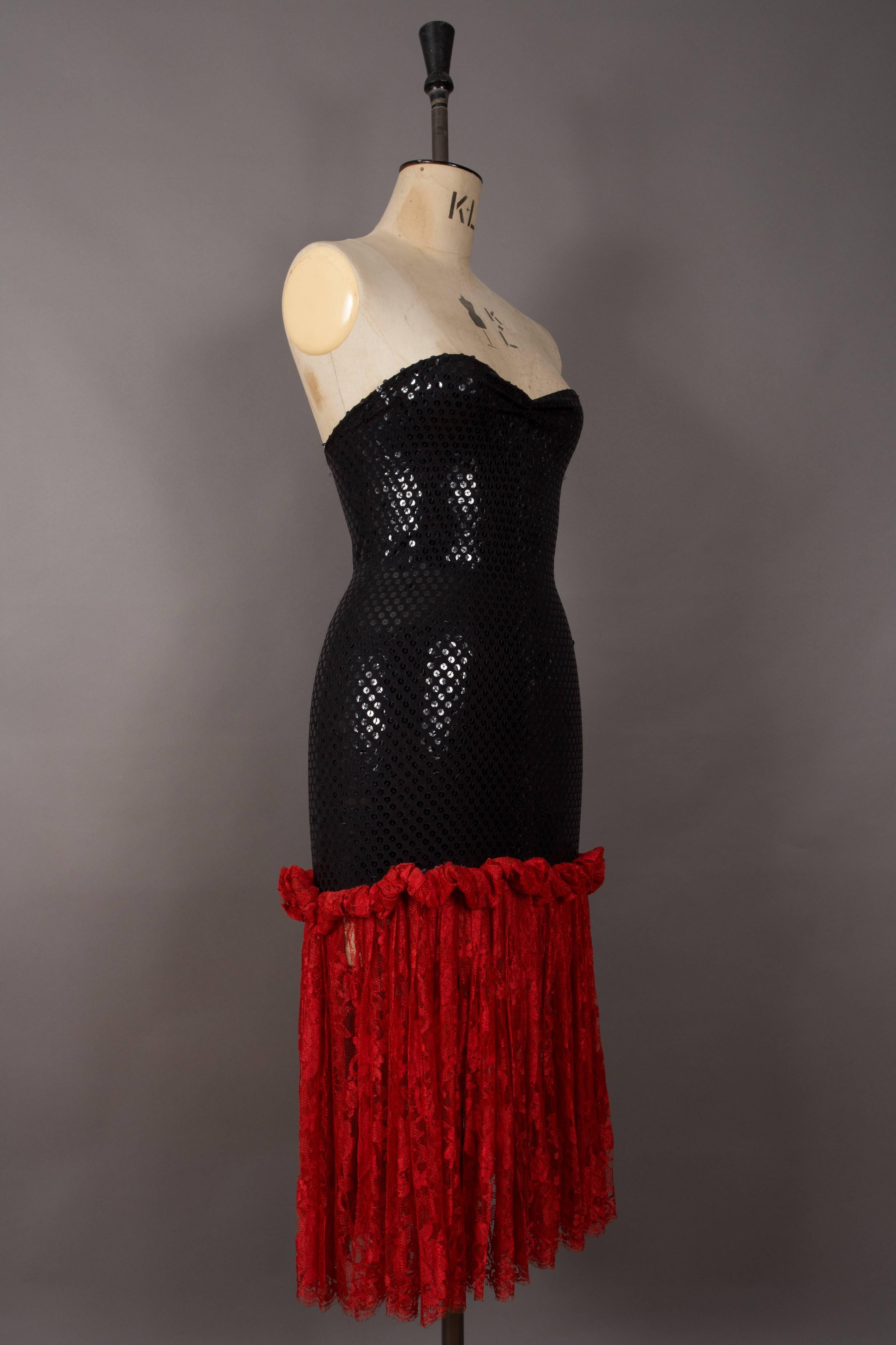 red strapless sequin dress