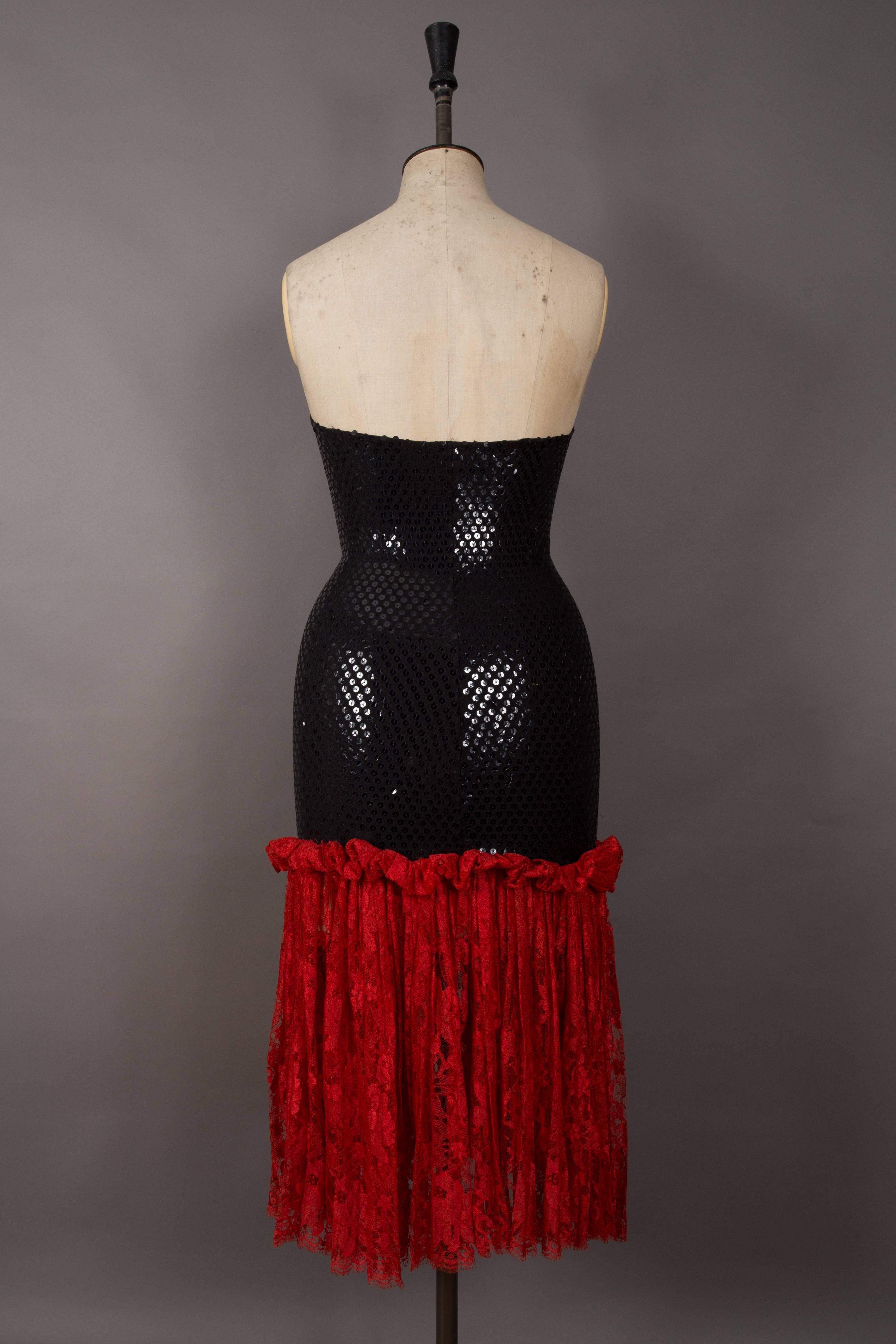 Bastet strapless sequin cocktail dress with red lace skirt, circa late 1970s In Excellent Condition In London, GB