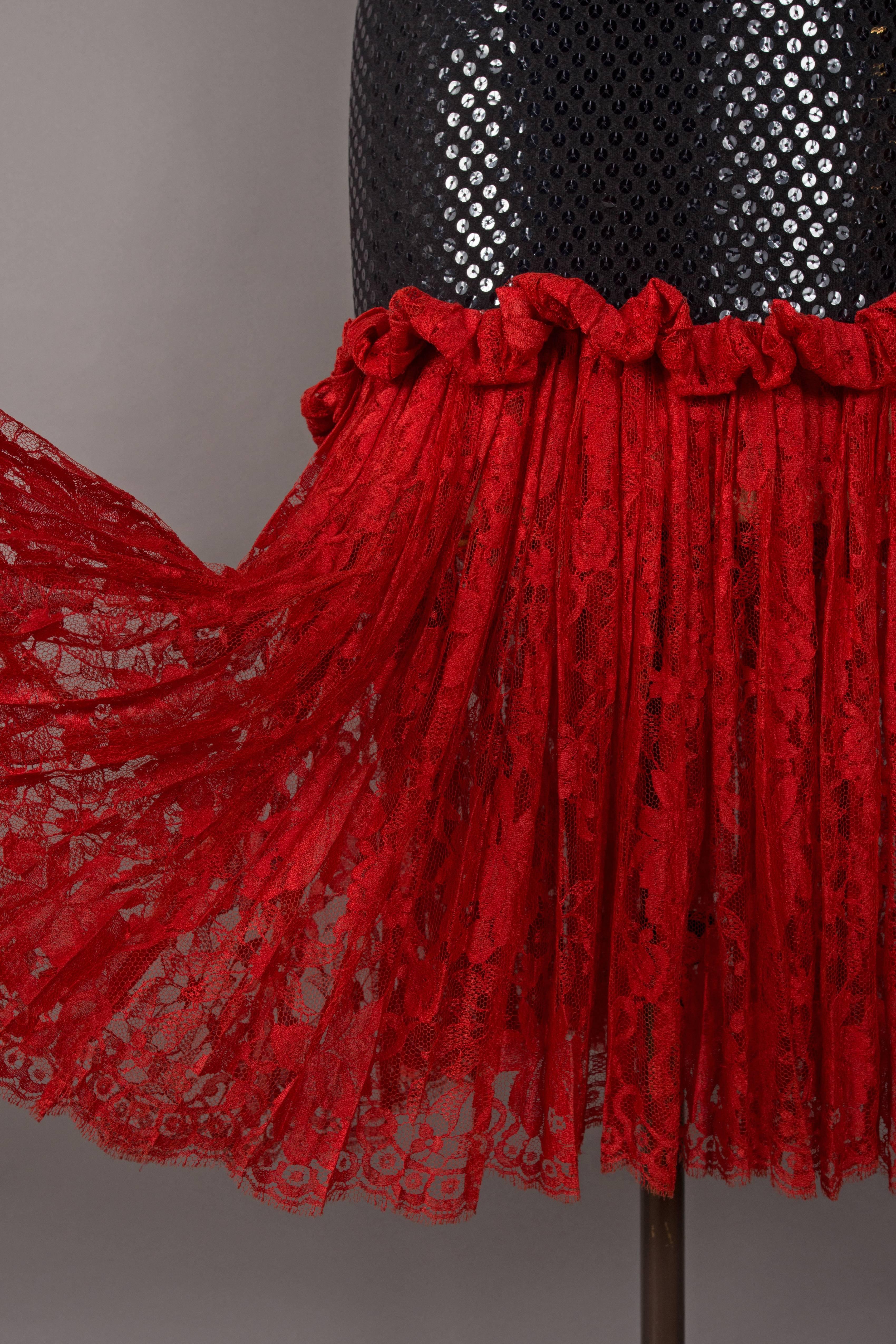 Bastet strapless sequin cocktail dress with red lace skirt, circa late 1970s 1