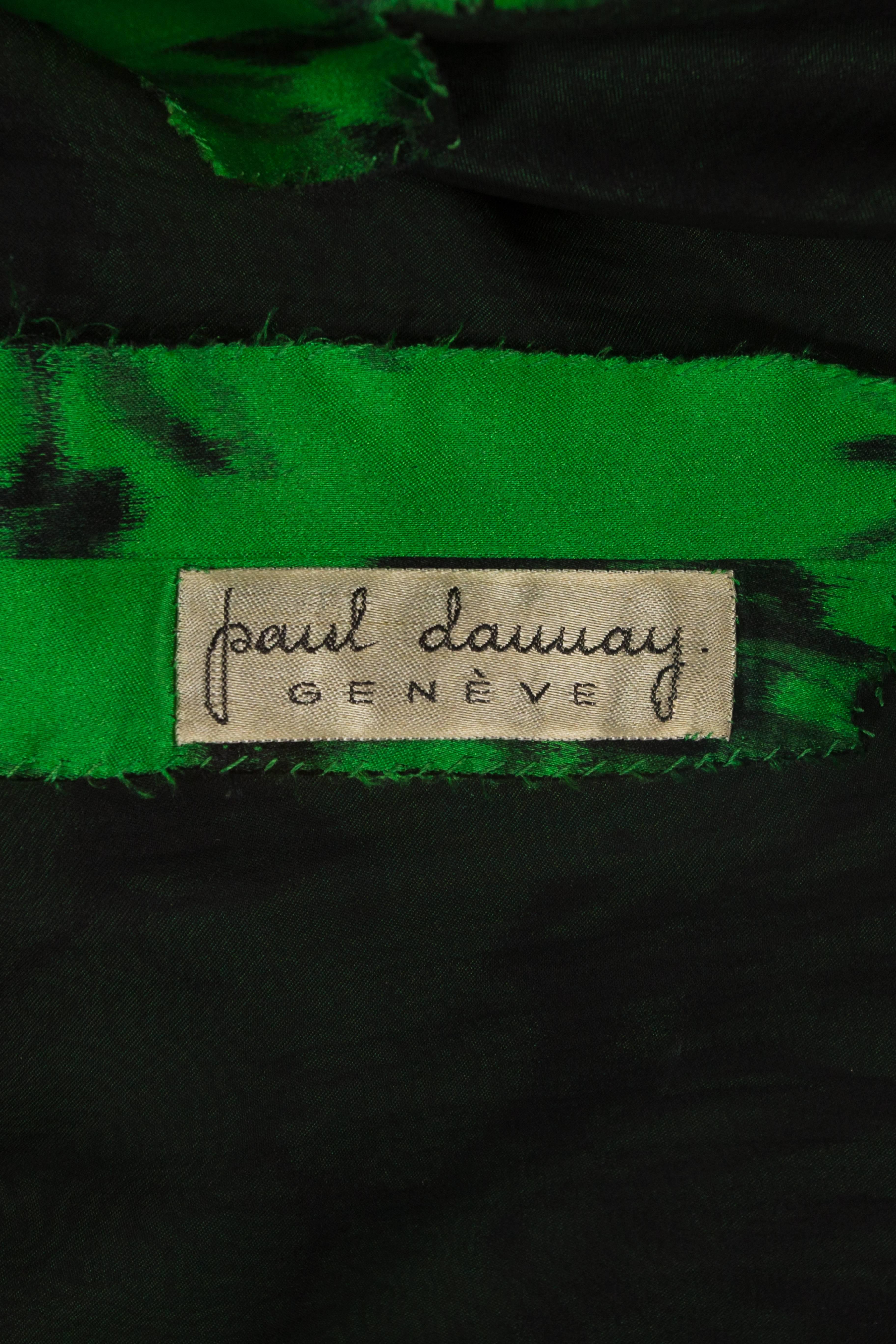 Paul Daunay Couture grün geblümtes Seidencocktailkleid, ca. 1952-57 im Angebot 3
