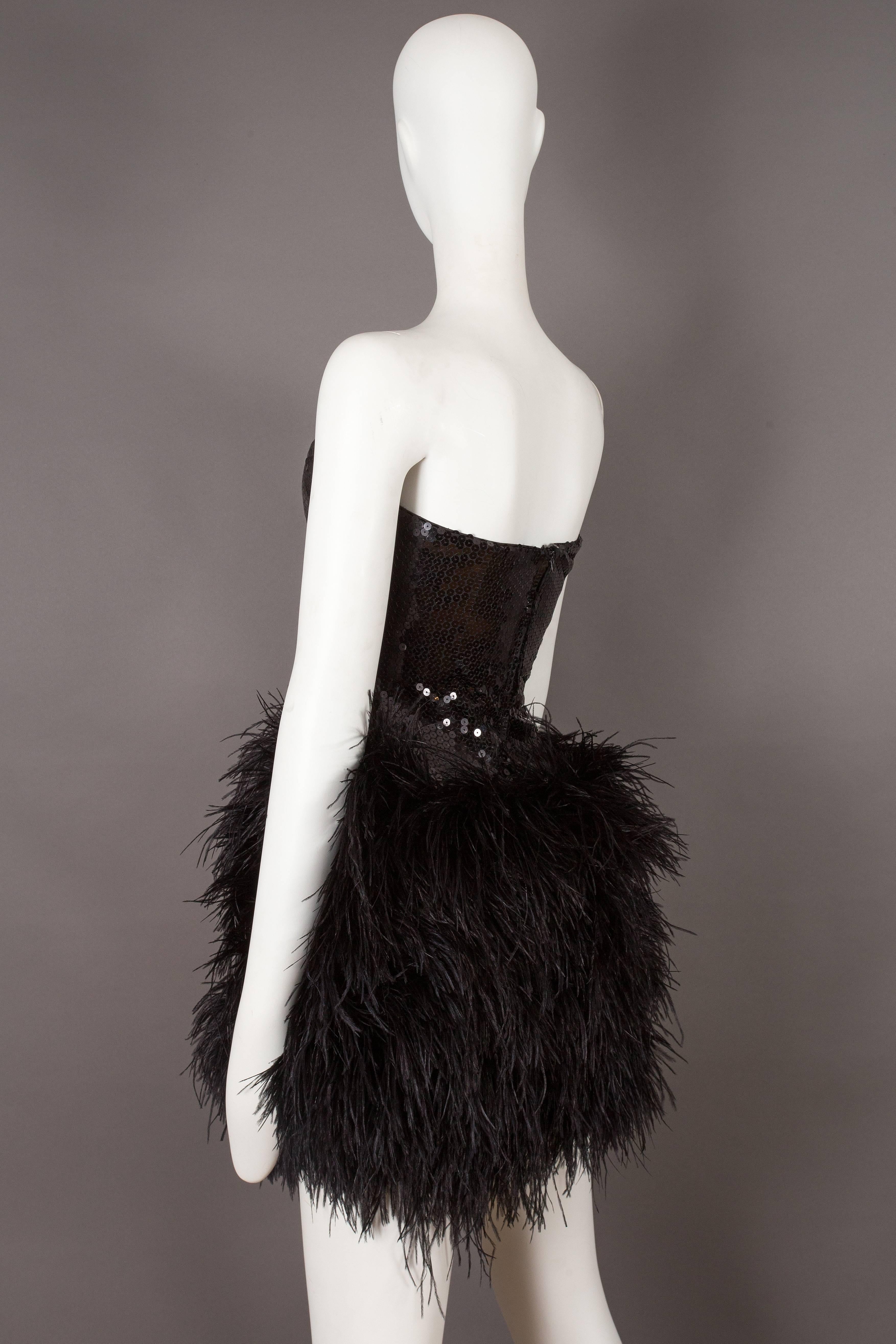 Black Lillie Rubin strapless ostrich feather sequinned mini dress, circa late 1970s