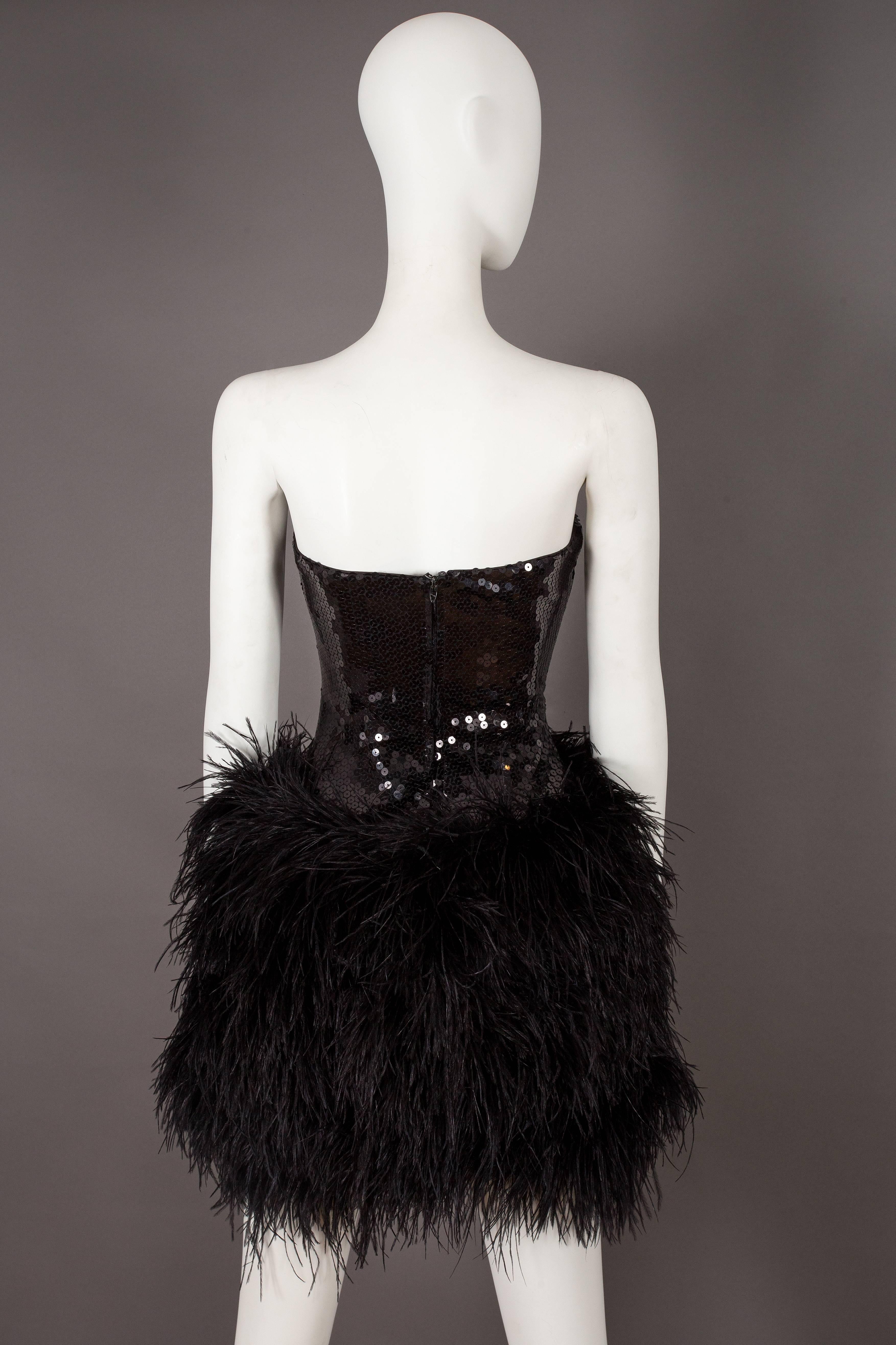 Lillie Rubin strapless ostrich feather sequinned mini dress, circa late 1970s In Excellent Condition In London, GB