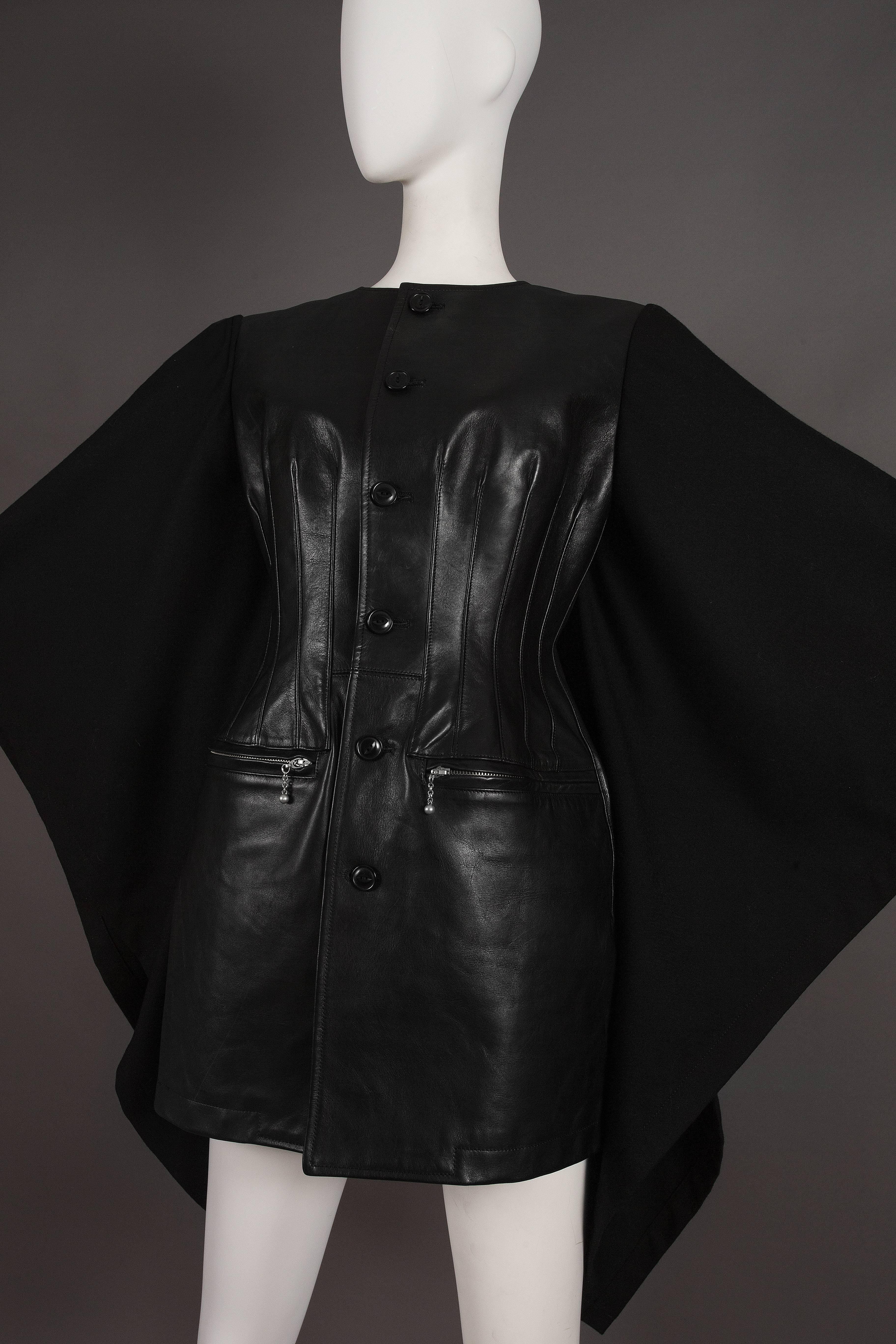 Black Junya Watanabe Comme des Garcons black leather jacket with wool cape, circa 2011