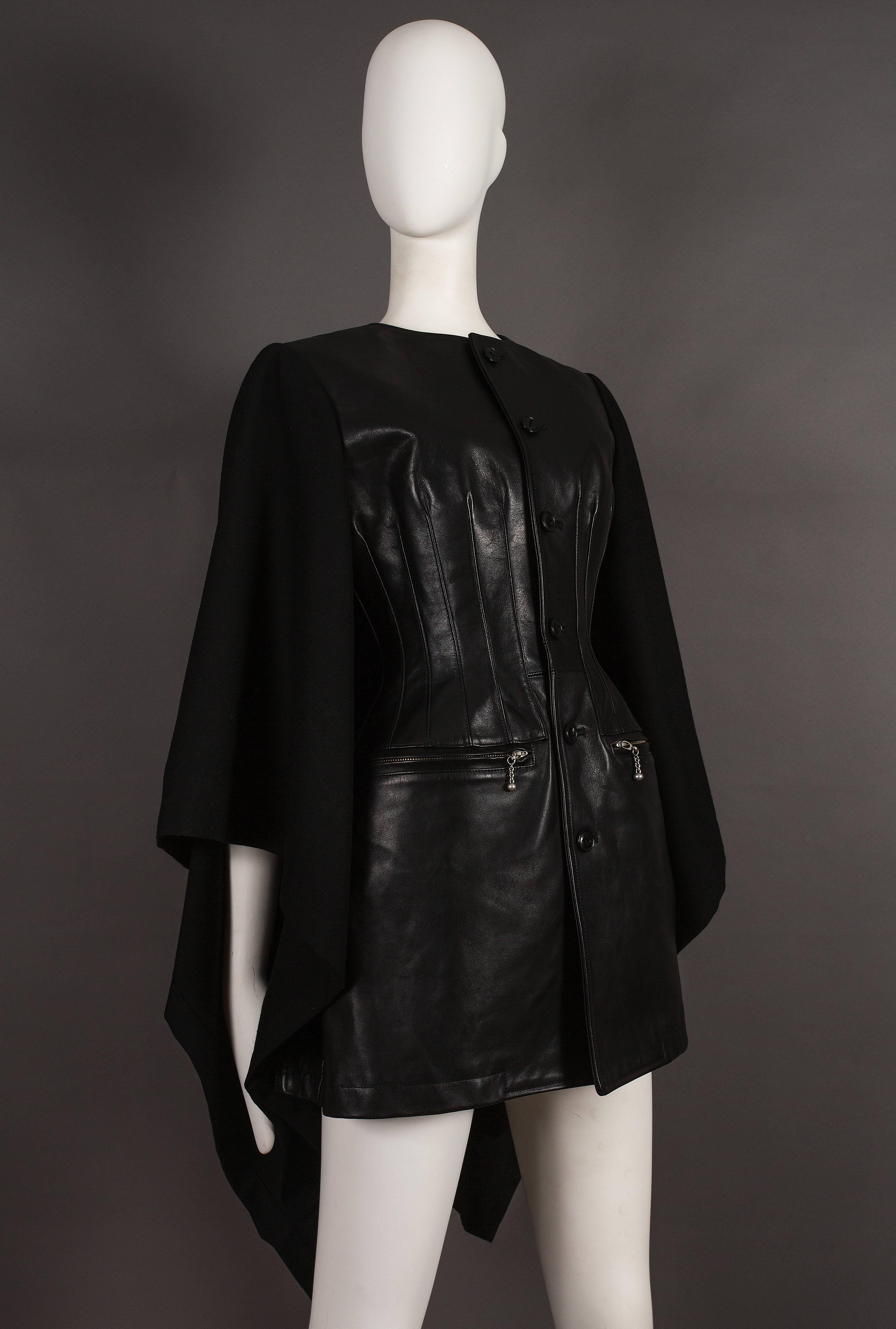 Women's Junya Watanabe Comme des Garcons black leather jacket with wool cape, circa 2011