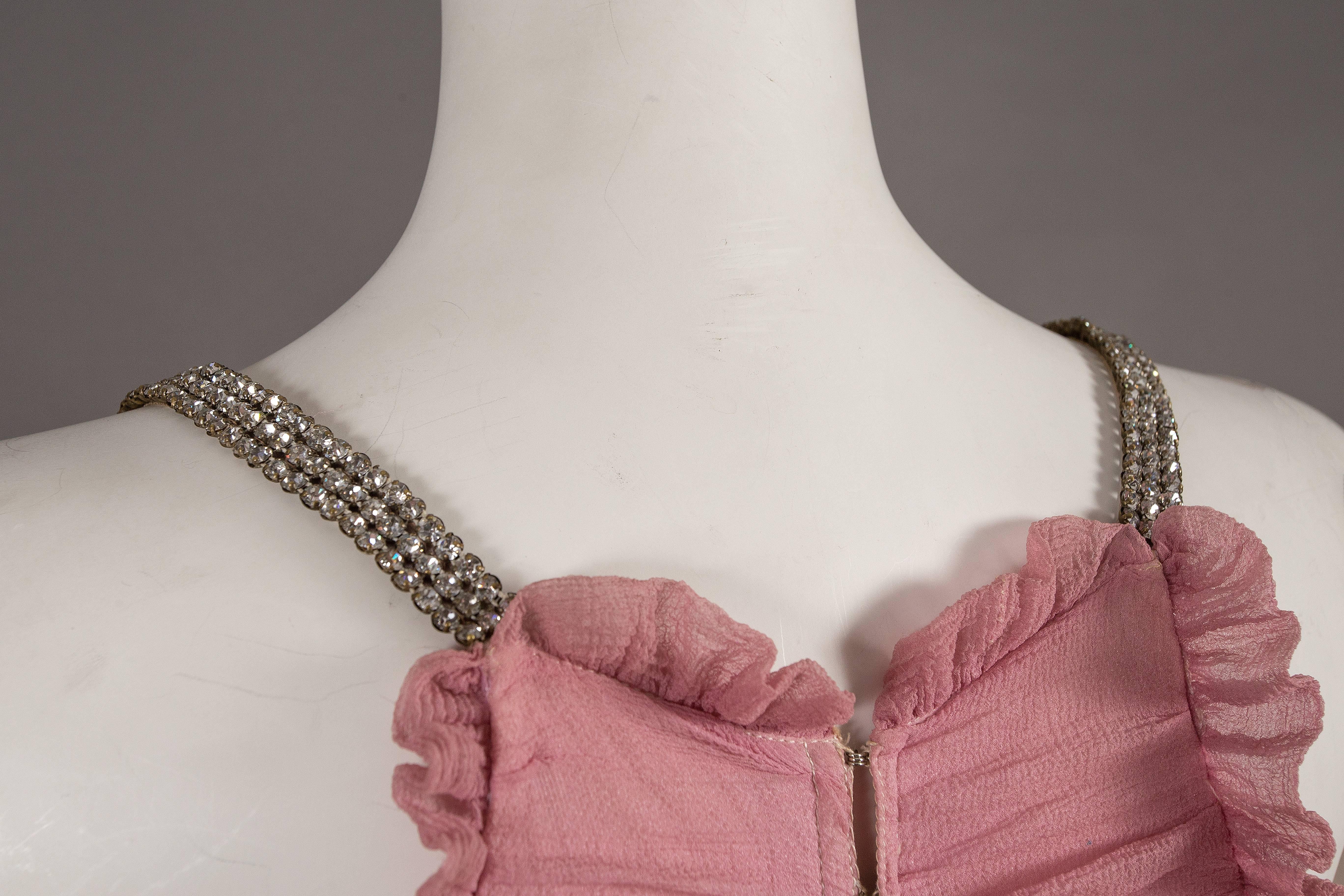 Women's Couture baby pink silk chiffon evening gown with rhinestones, circa early 1940s 