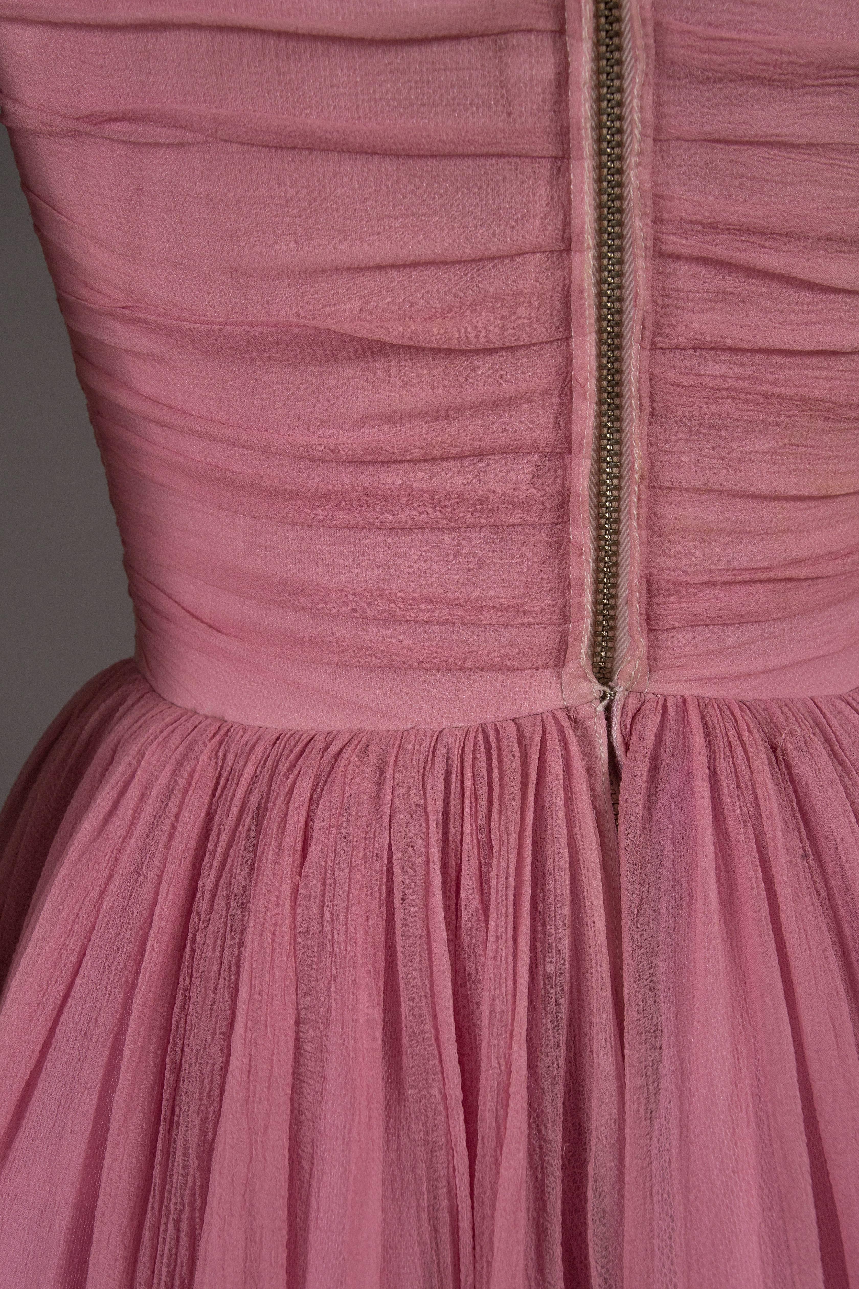 Couture baby pink silk chiffon evening gown with rhinestones, circa early 1940s  2