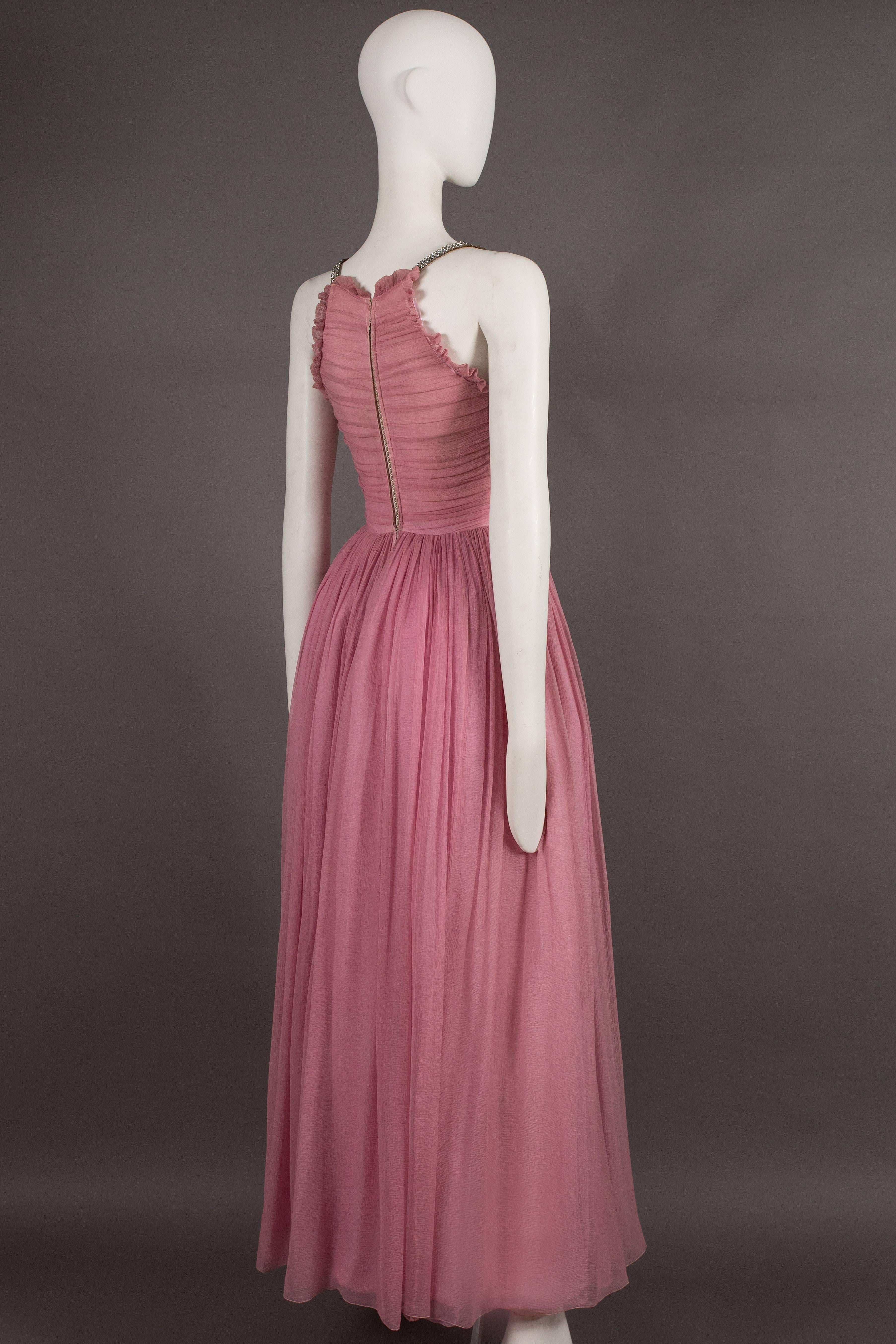 Couture baby pink silk chiffon evening gown with rhinestones, circa early 1940s  1