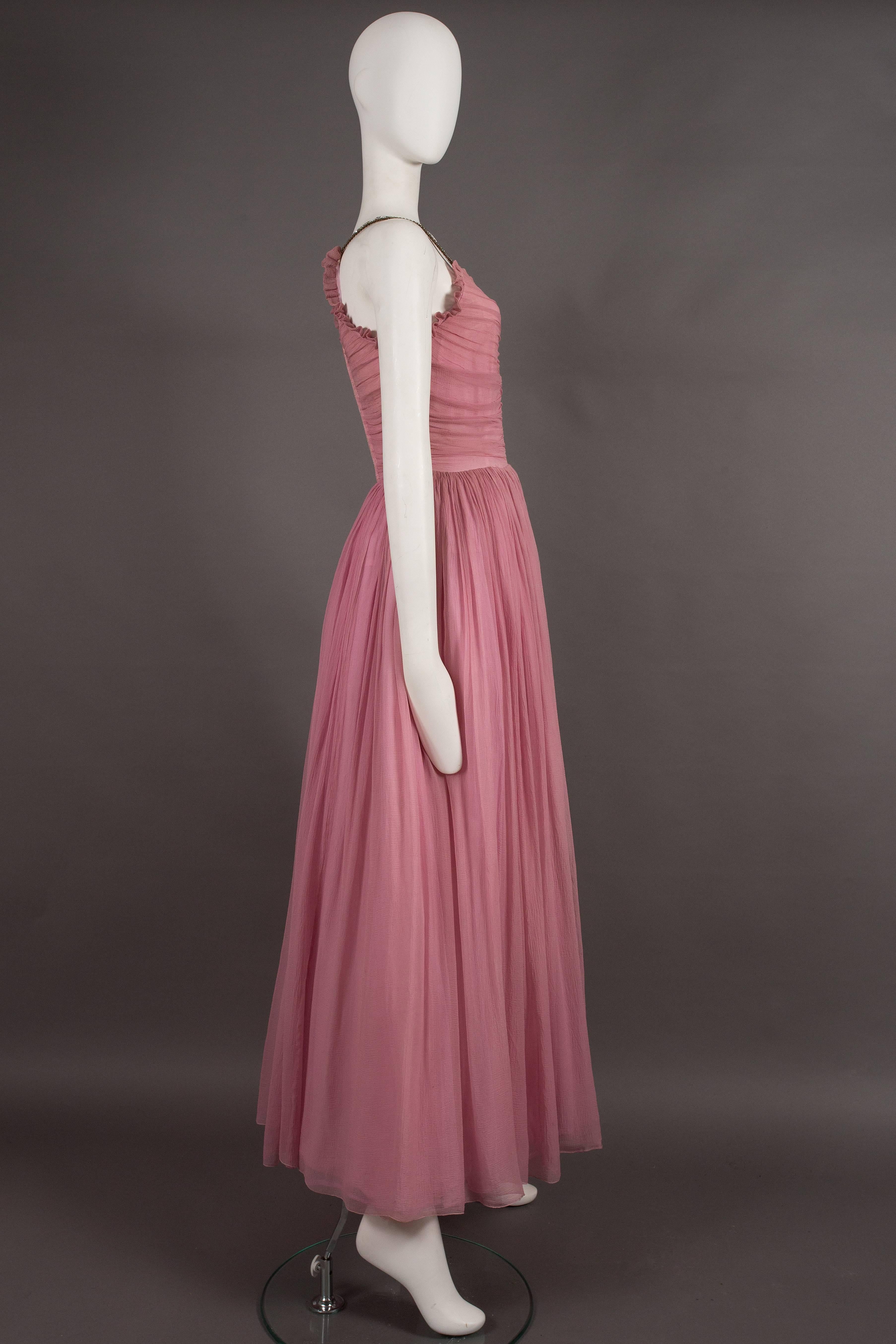 Couture baby pink silk chiffon evening gown with rhinestones, circa early 1940s  In Excellent Condition In London, GB