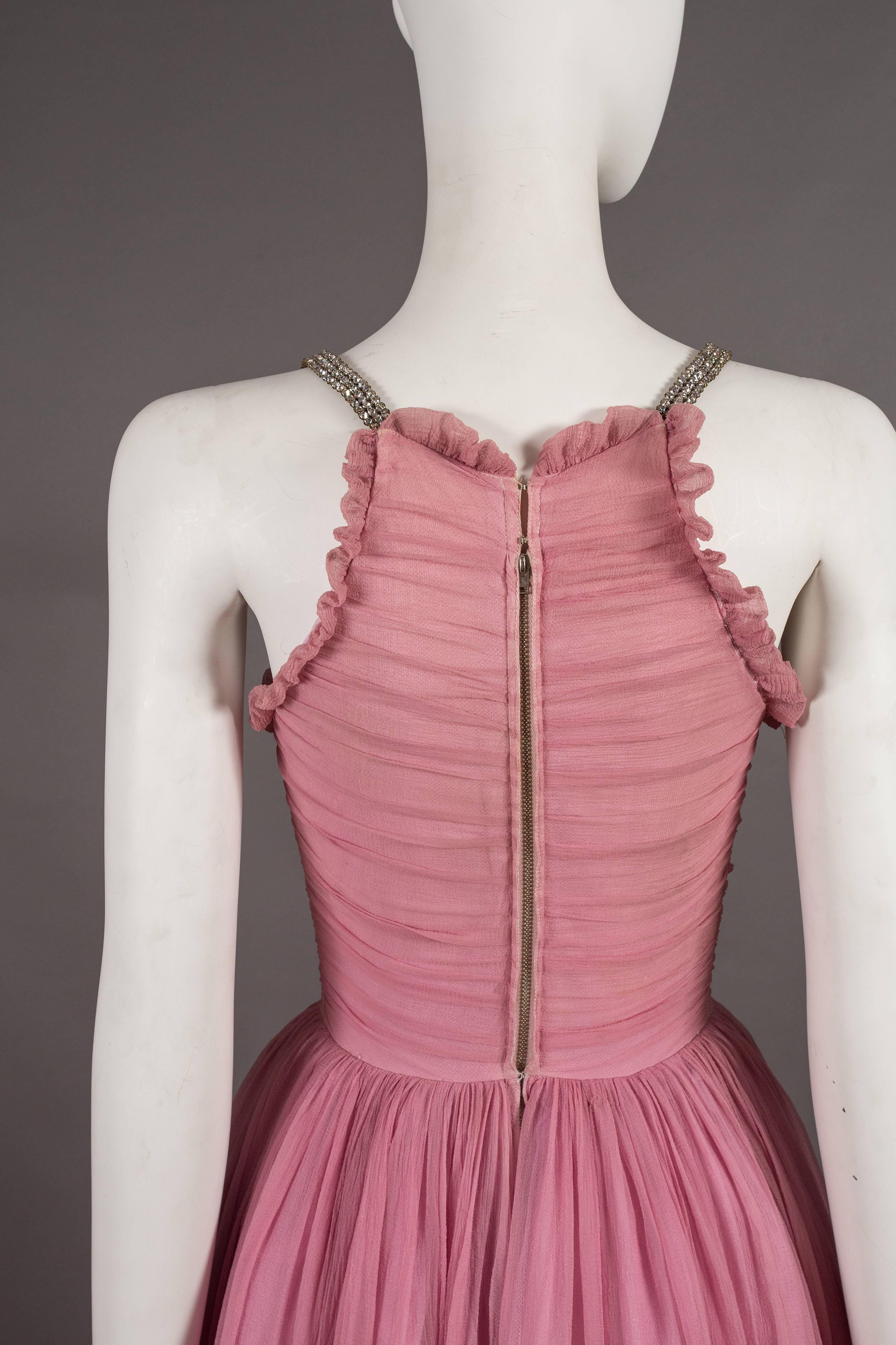Pink Couture baby pink silk chiffon evening gown with rhinestones, circa early 1940s 