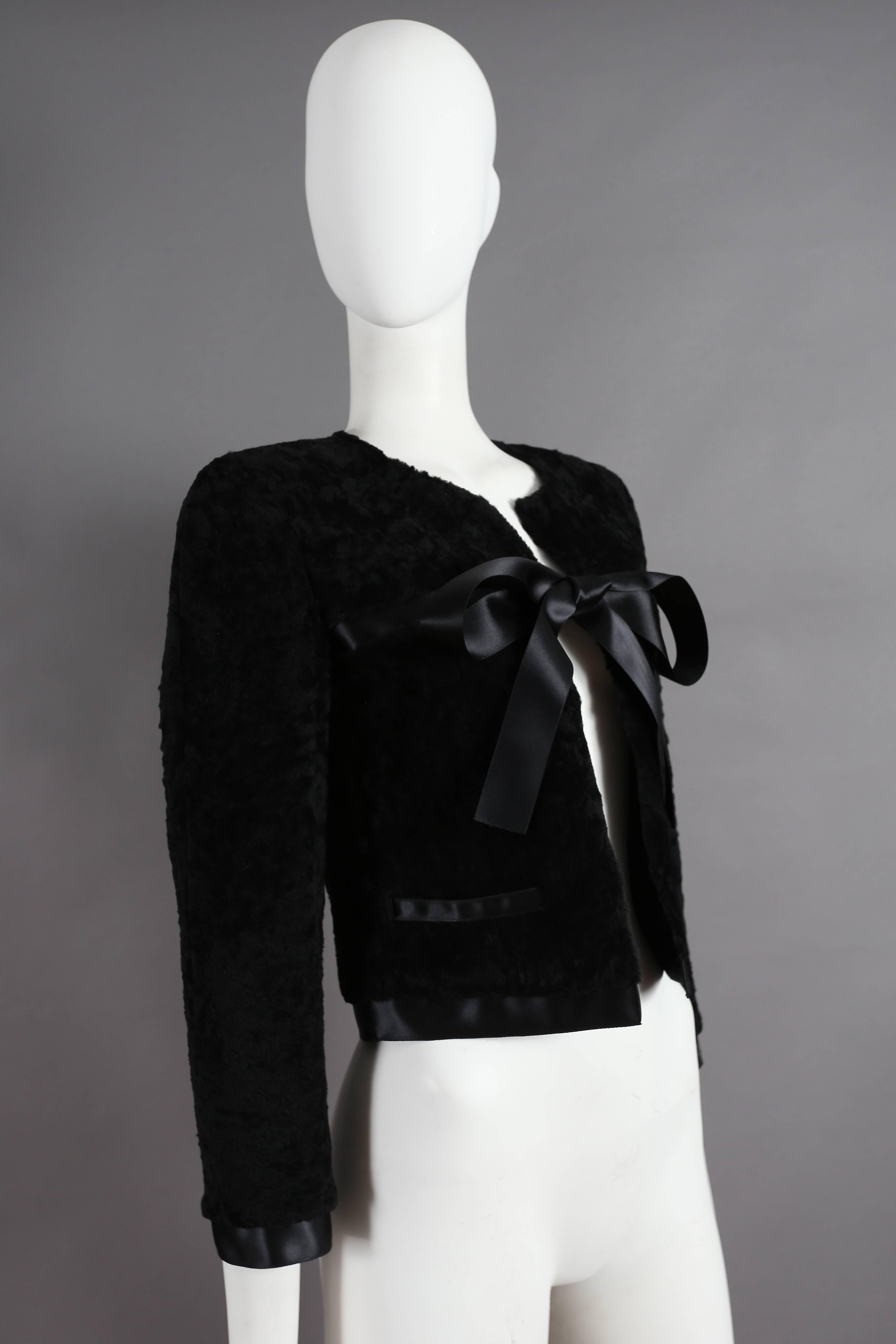 Black Chanel black shearling cropped jacket with silk bow fastening, circa 2003