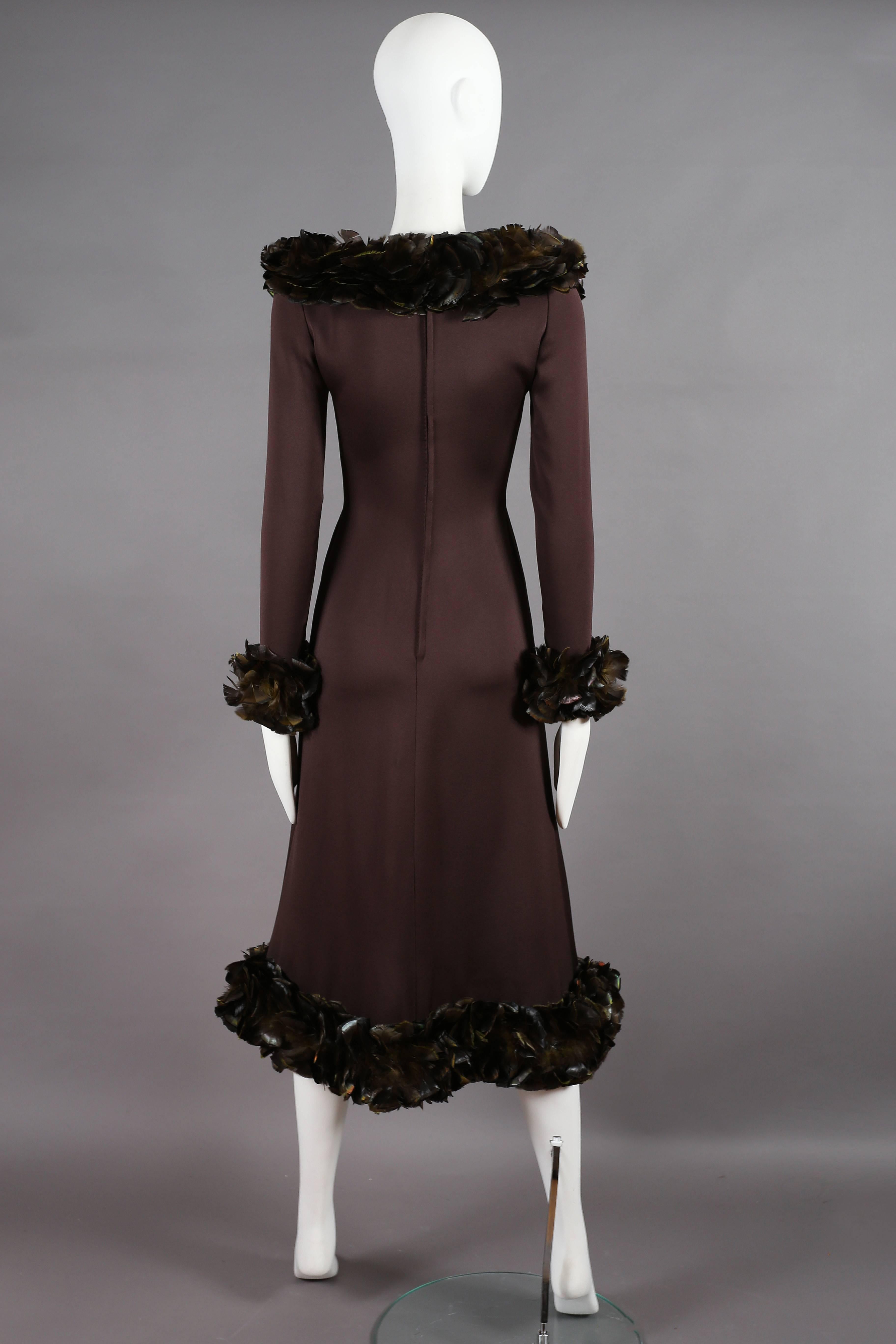 Yves Saint Laurent Haute Couture silk evening dress with feather trim, fw 1969 In Excellent Condition For Sale In London, GB