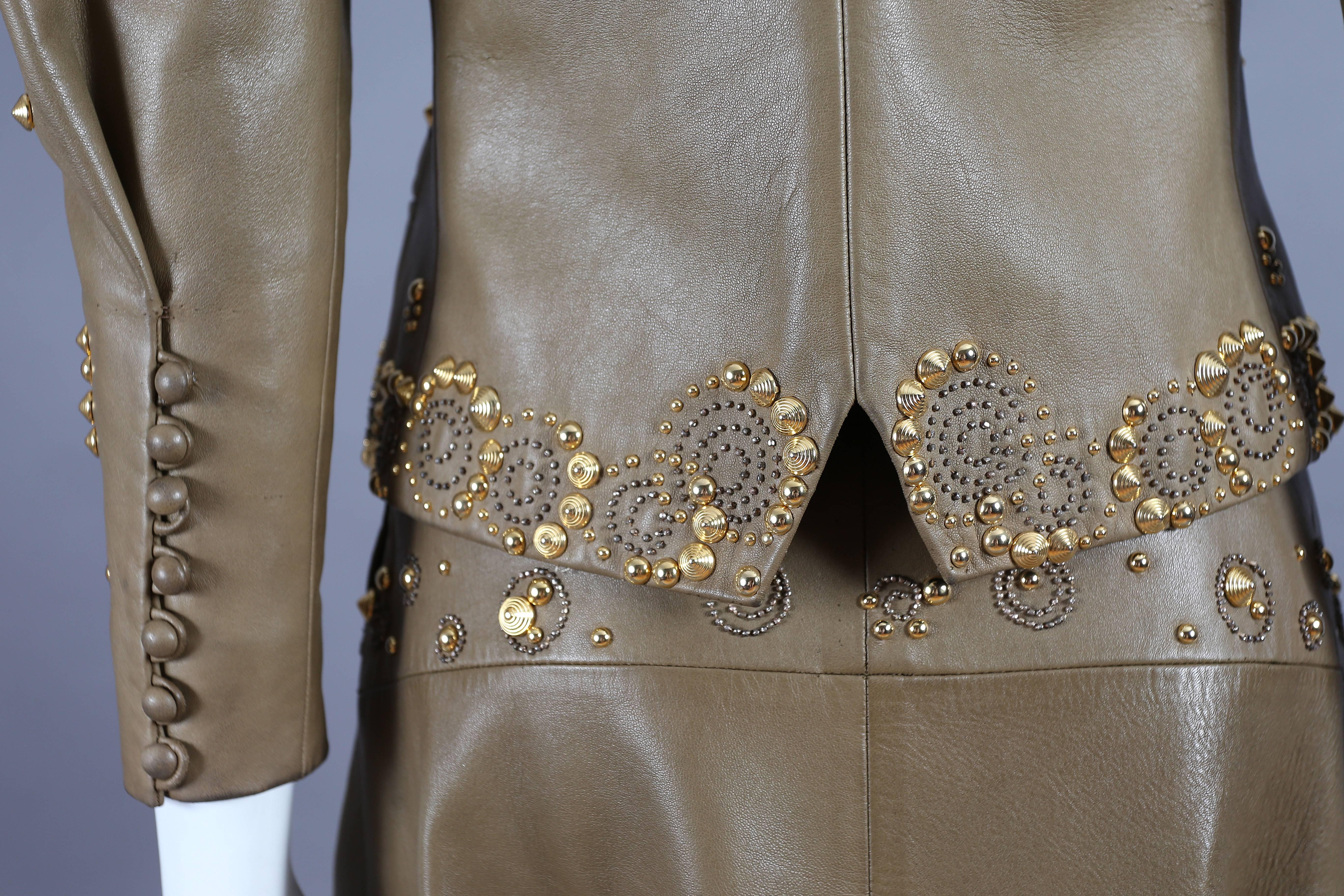 Ted Lapidus gold studded leather skirt suit, circa late 1970s 2