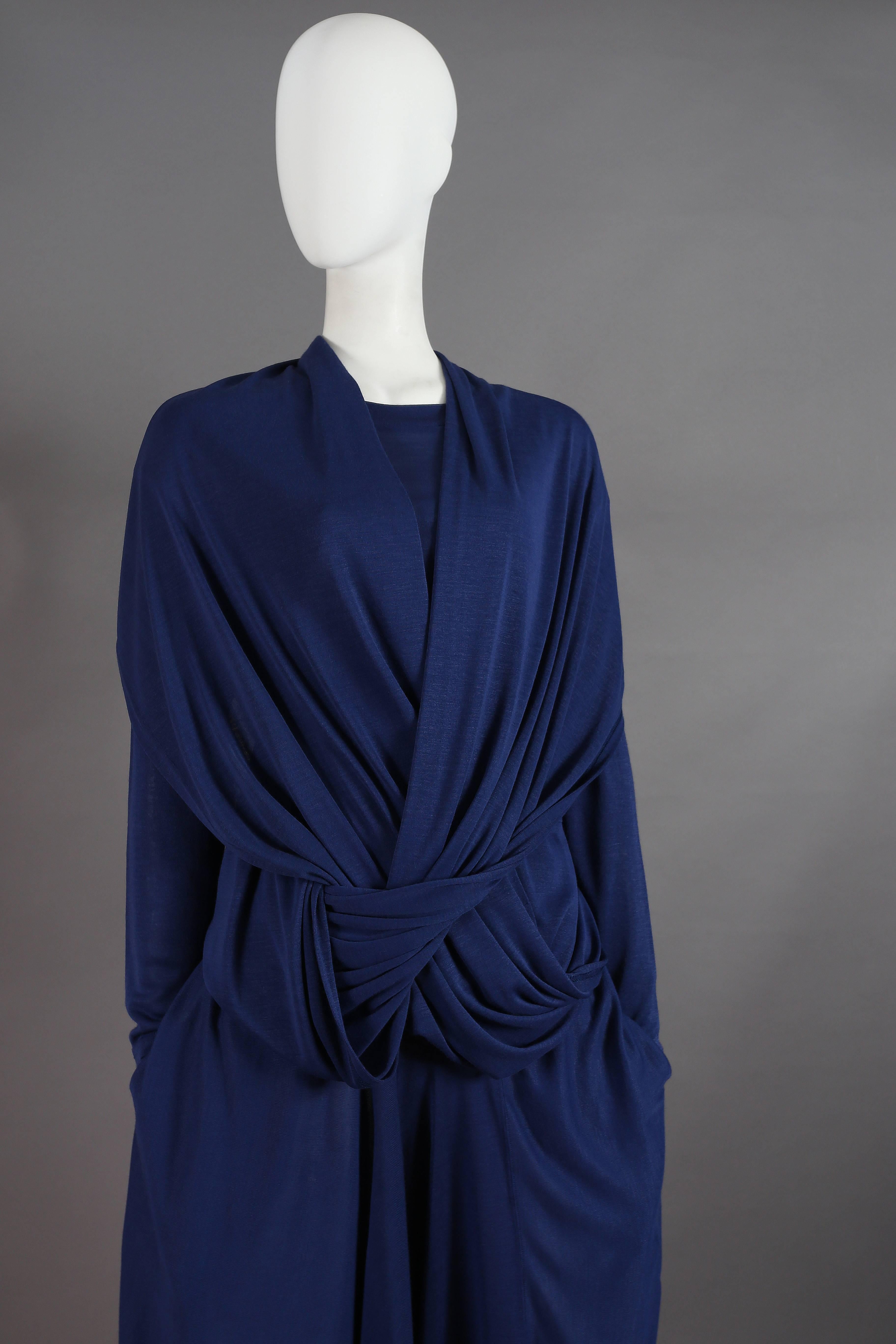 Black Issey Miyake blue knit jersey convertible sweater and pants set, c. 1980s For Sale