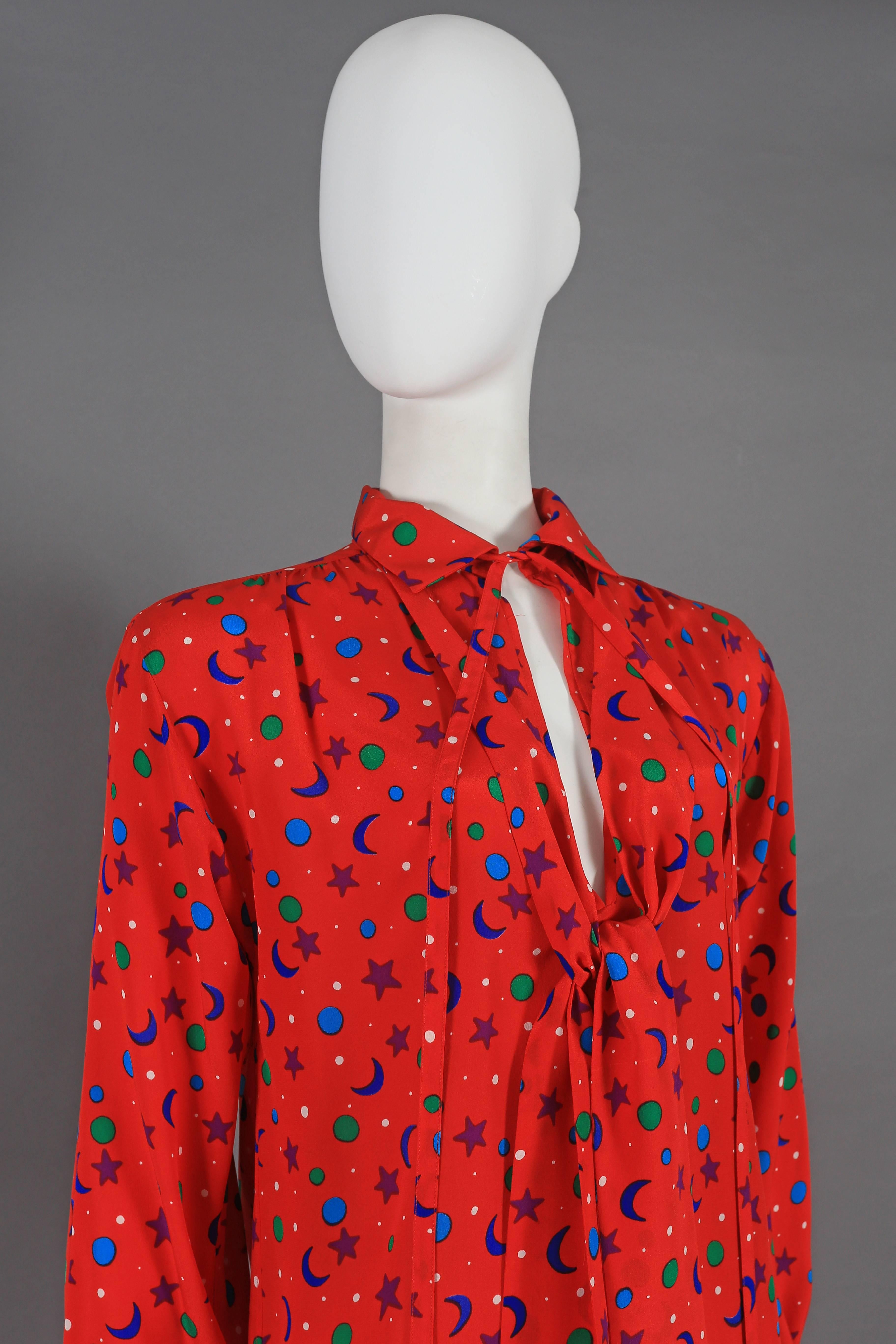 Yves Saint Laurent silk star and moon print pussy bow blouse, circa 1970 In Excellent Condition In London, GB