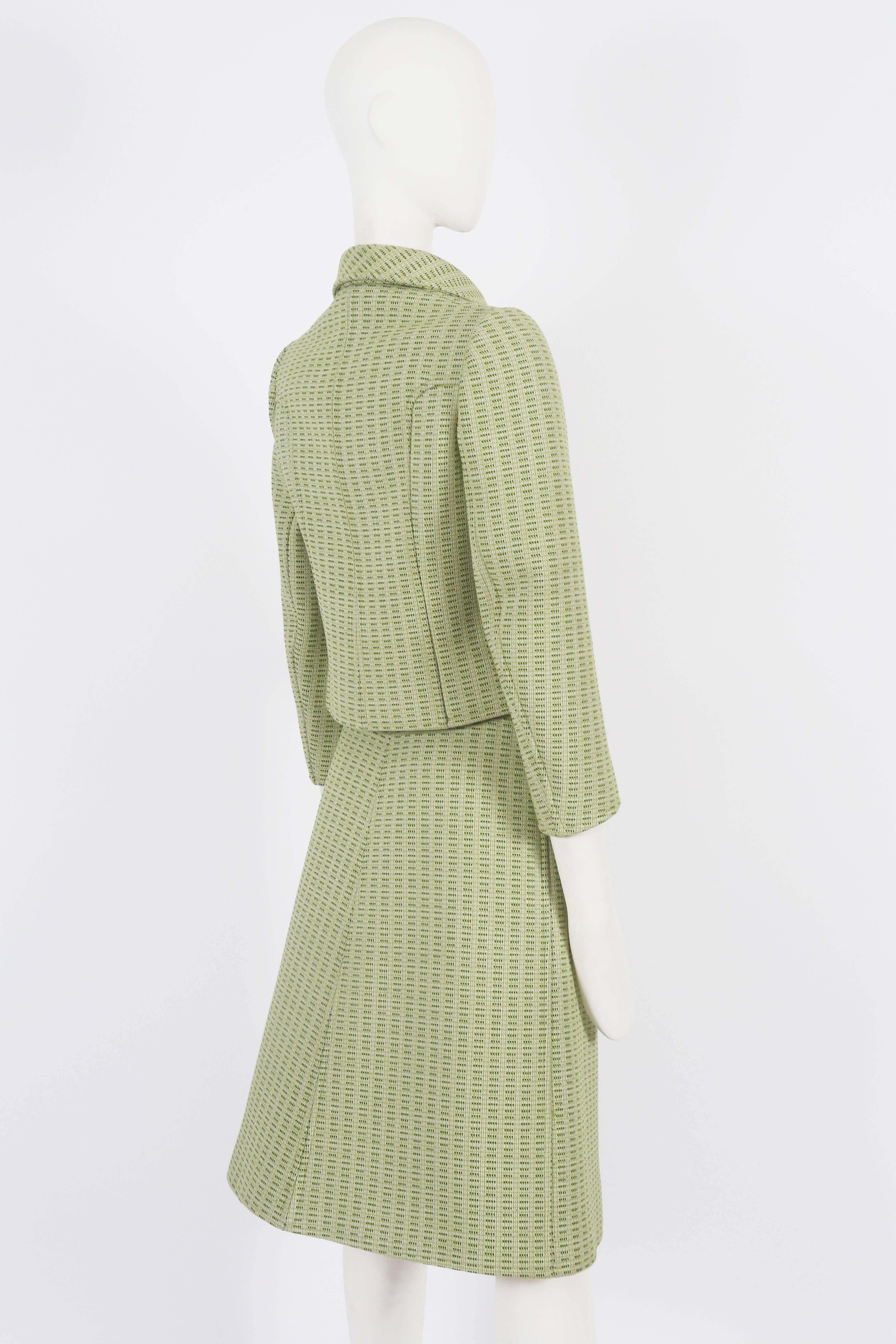 Green Courreges Haute Couture lime green wool jacket and skirt suit, c. 1969 For Sale