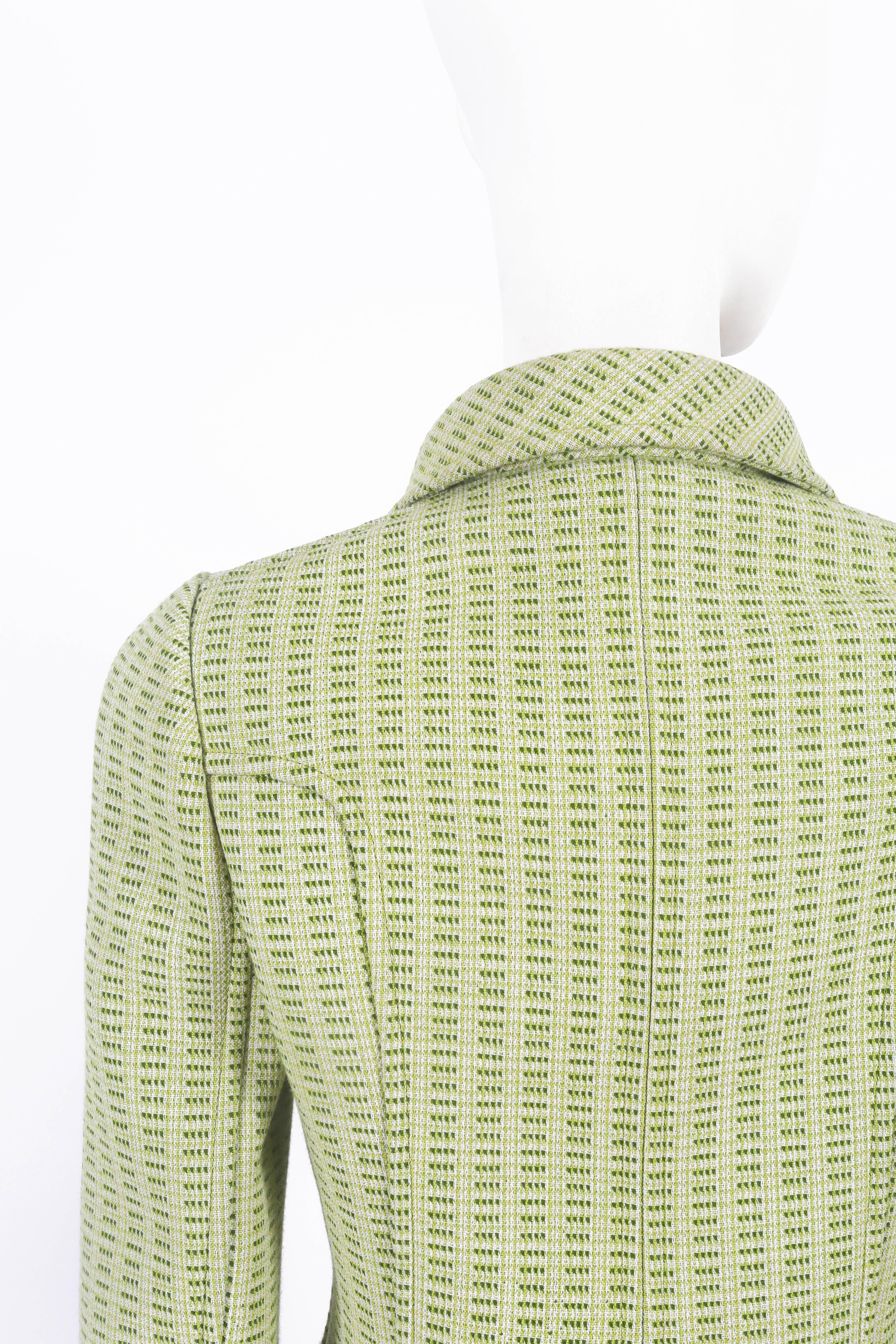 Women's Courreges Haute Couture lime green wool jacket and skirt suit, c. 1969 For Sale