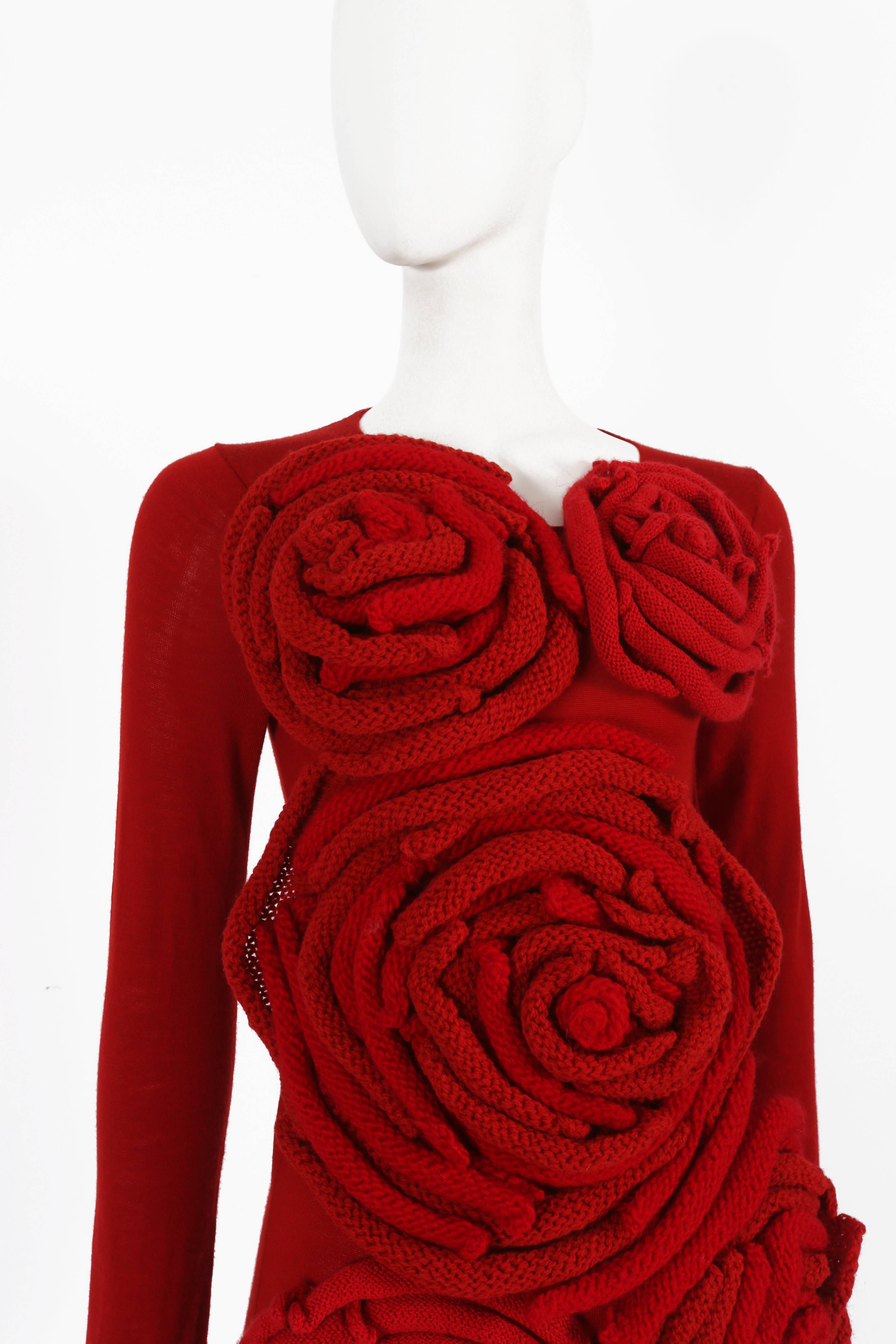 Red Comme des Garcons red knitted sweater with rose appliqués, c. 2014 For Sale