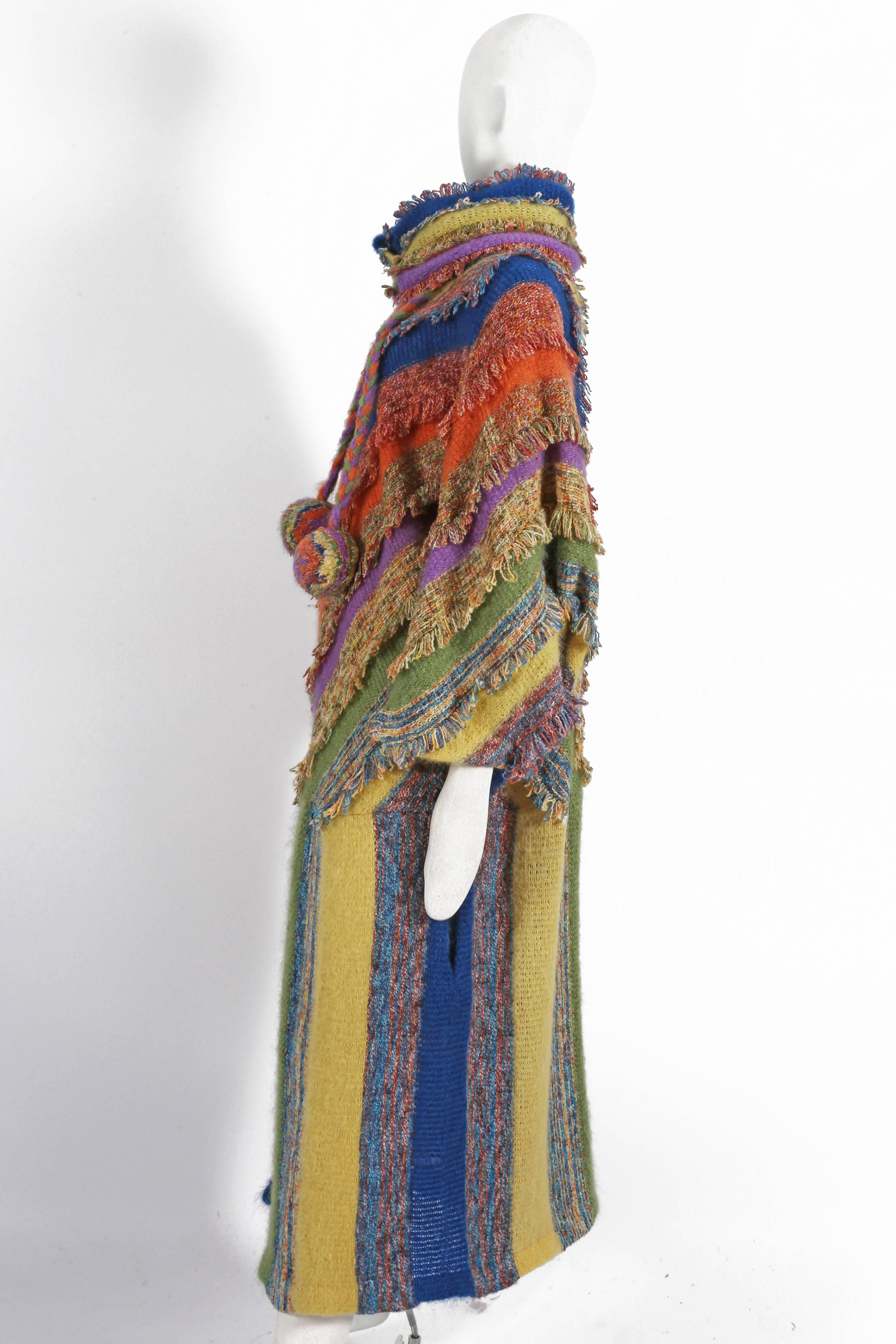 Multicoloured striped knitted winter coat, circa 1970s