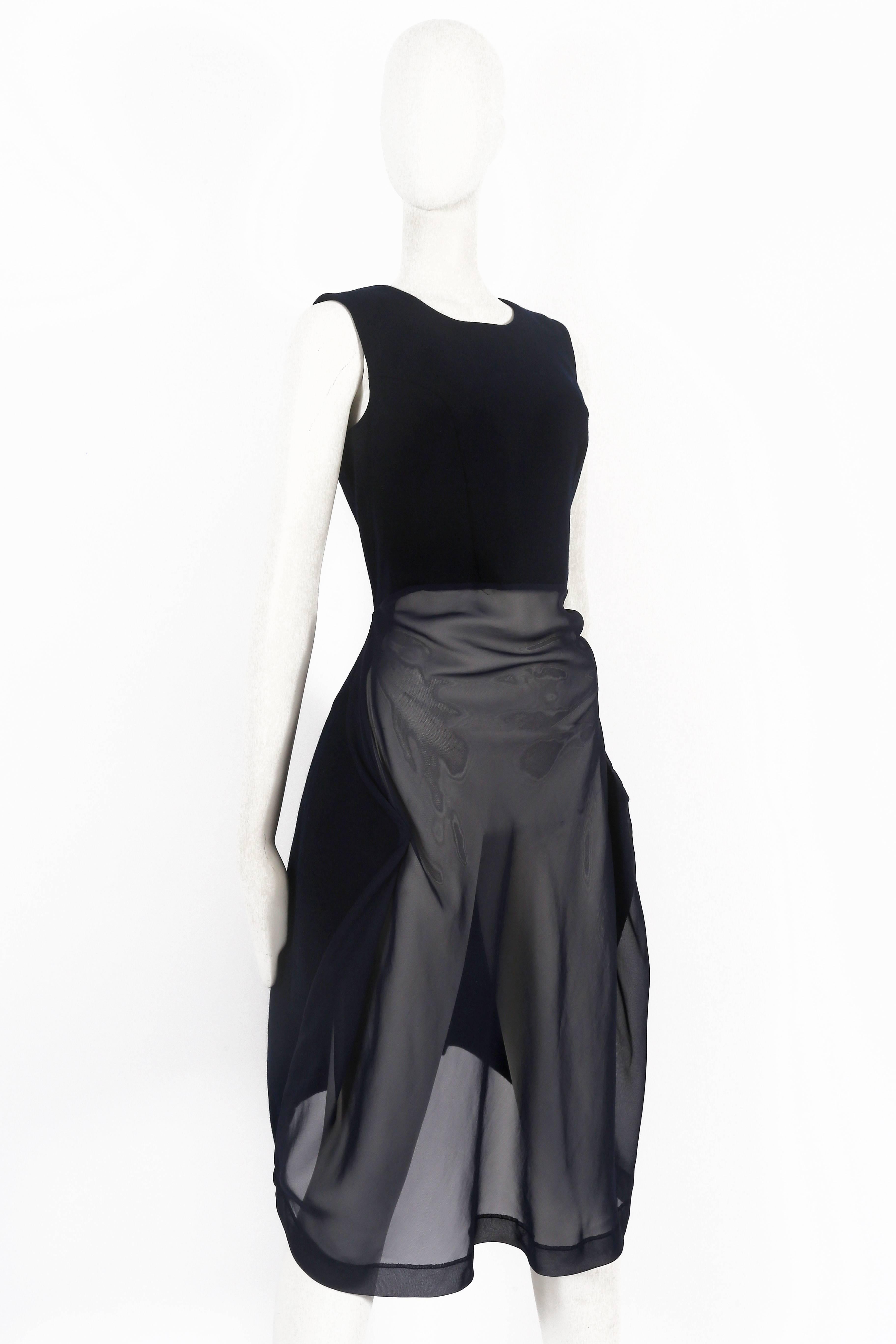 Black Comme des Garcons deconstructed wool and chiffon dress, fw 1997 For Sale