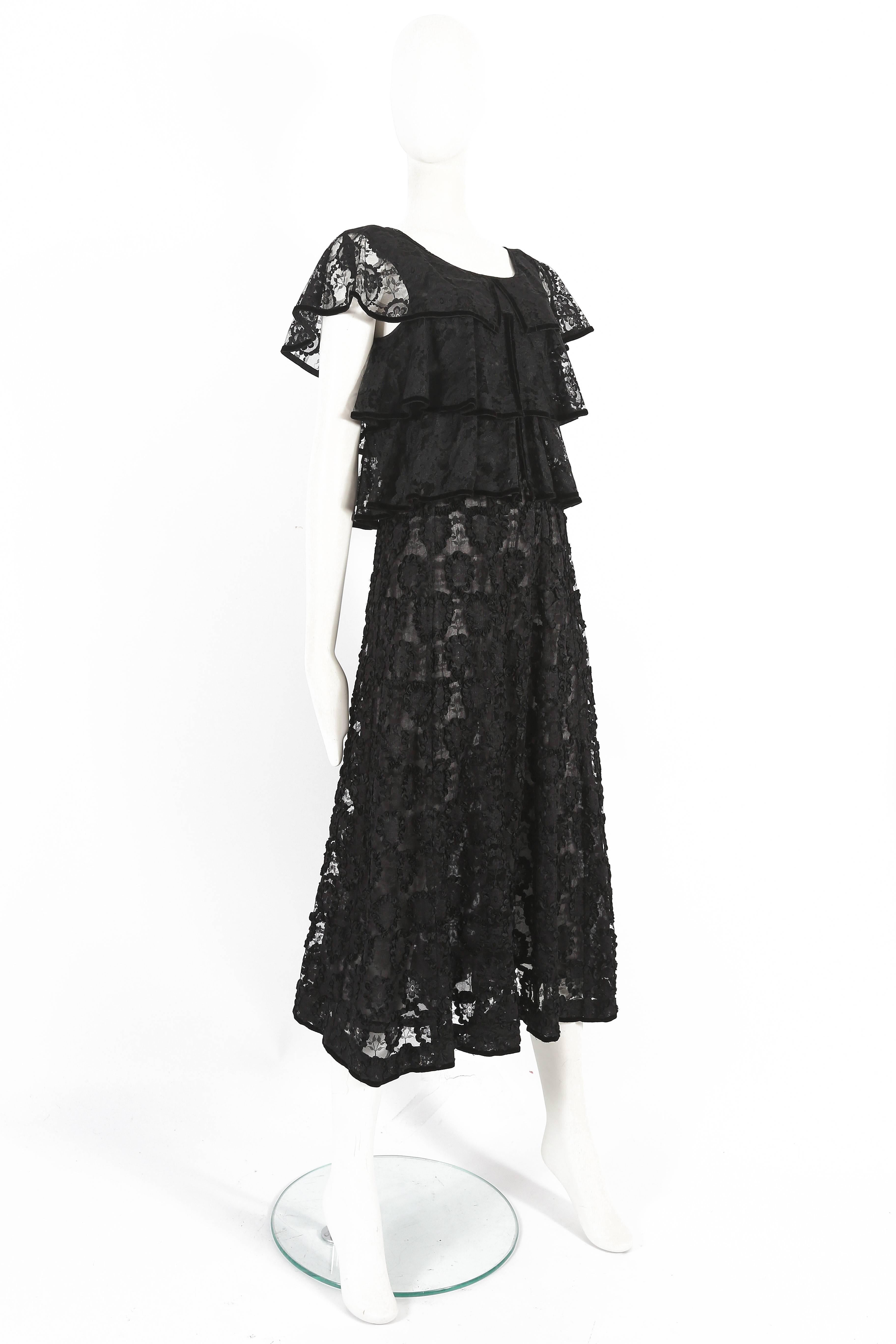 Black Thea Porter velvet trimmed lace evening dress, circa late 1960s