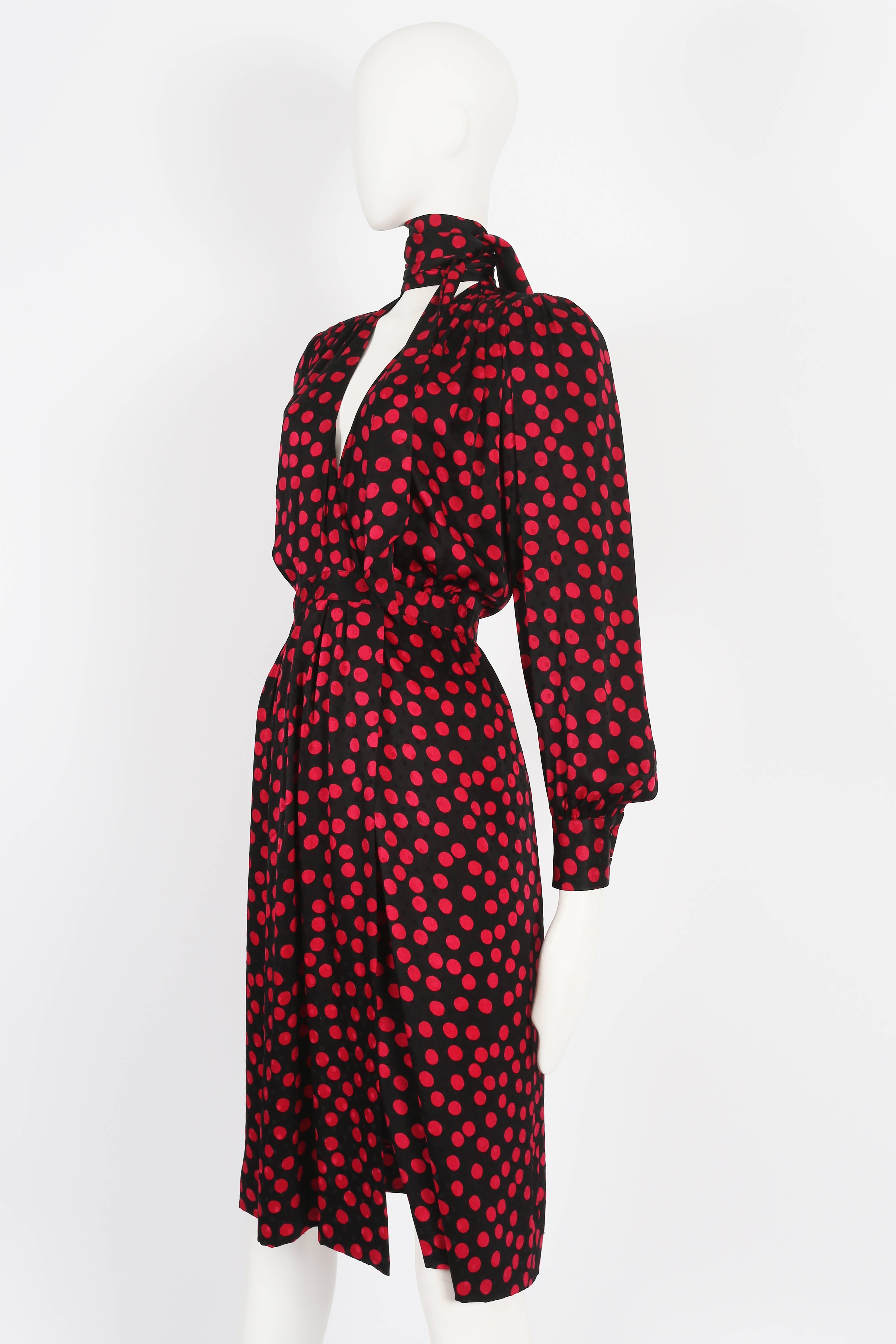 Women's Yves Saint Laurent silk polka dot evening wrap dress, circa 1970s
