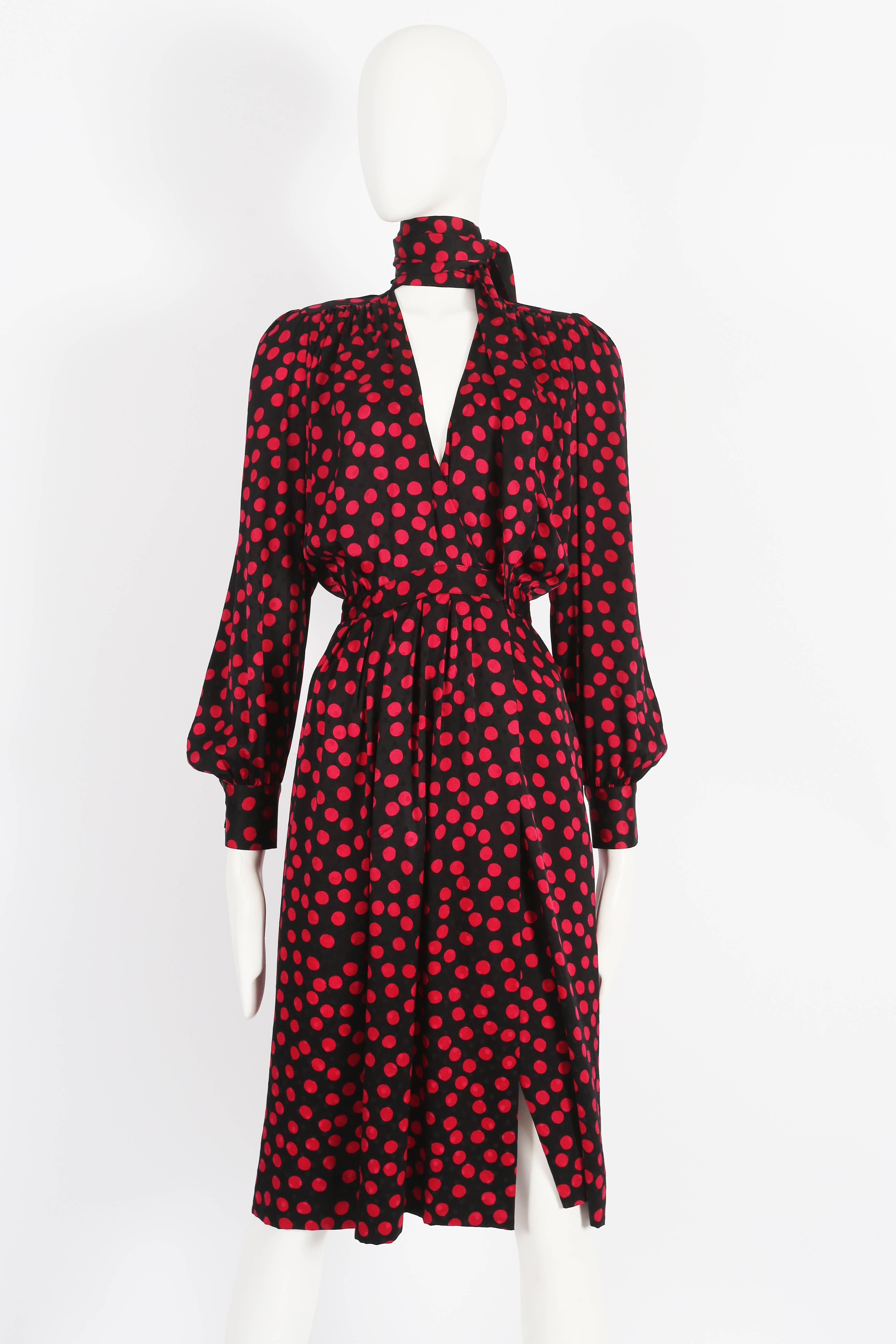 Yves Saint Laurent silk polka dot evening wrap dress, circa 1970s. 