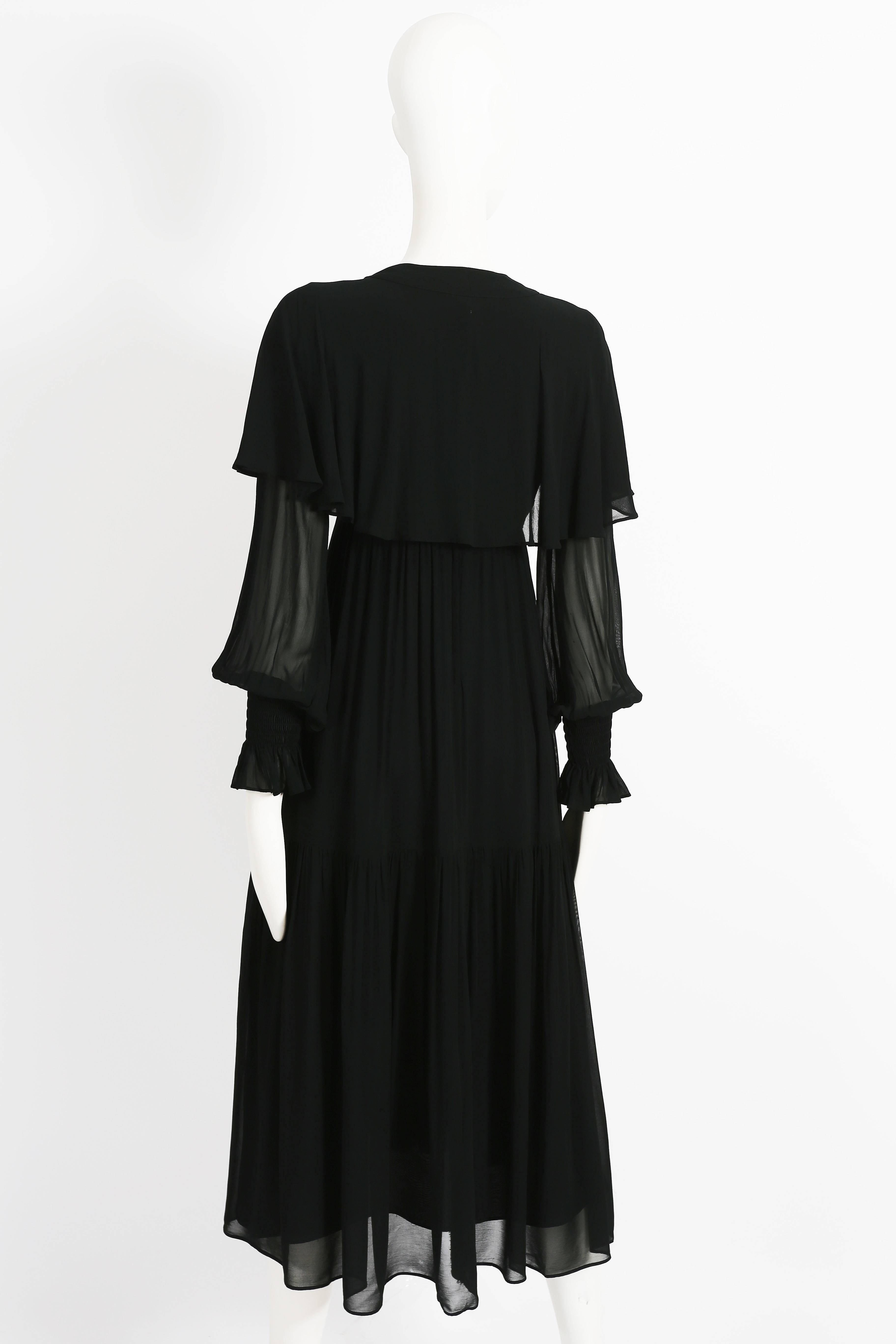 Ossie Clark black chiffon tiered evening dress with capelet, circa 1972 3