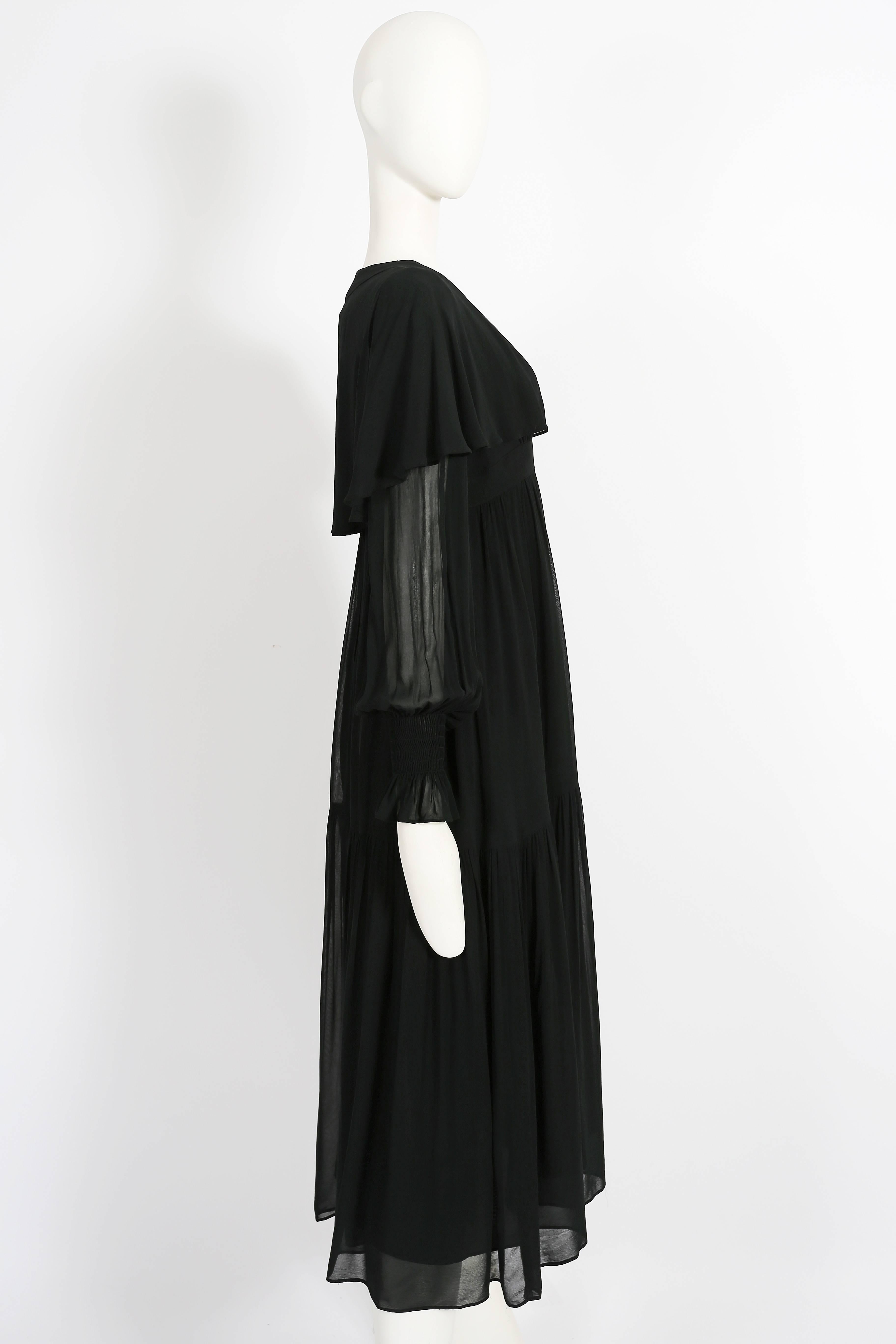 Ossie Clark black chiffon tiered evening dress with capelet, circa 1972 2