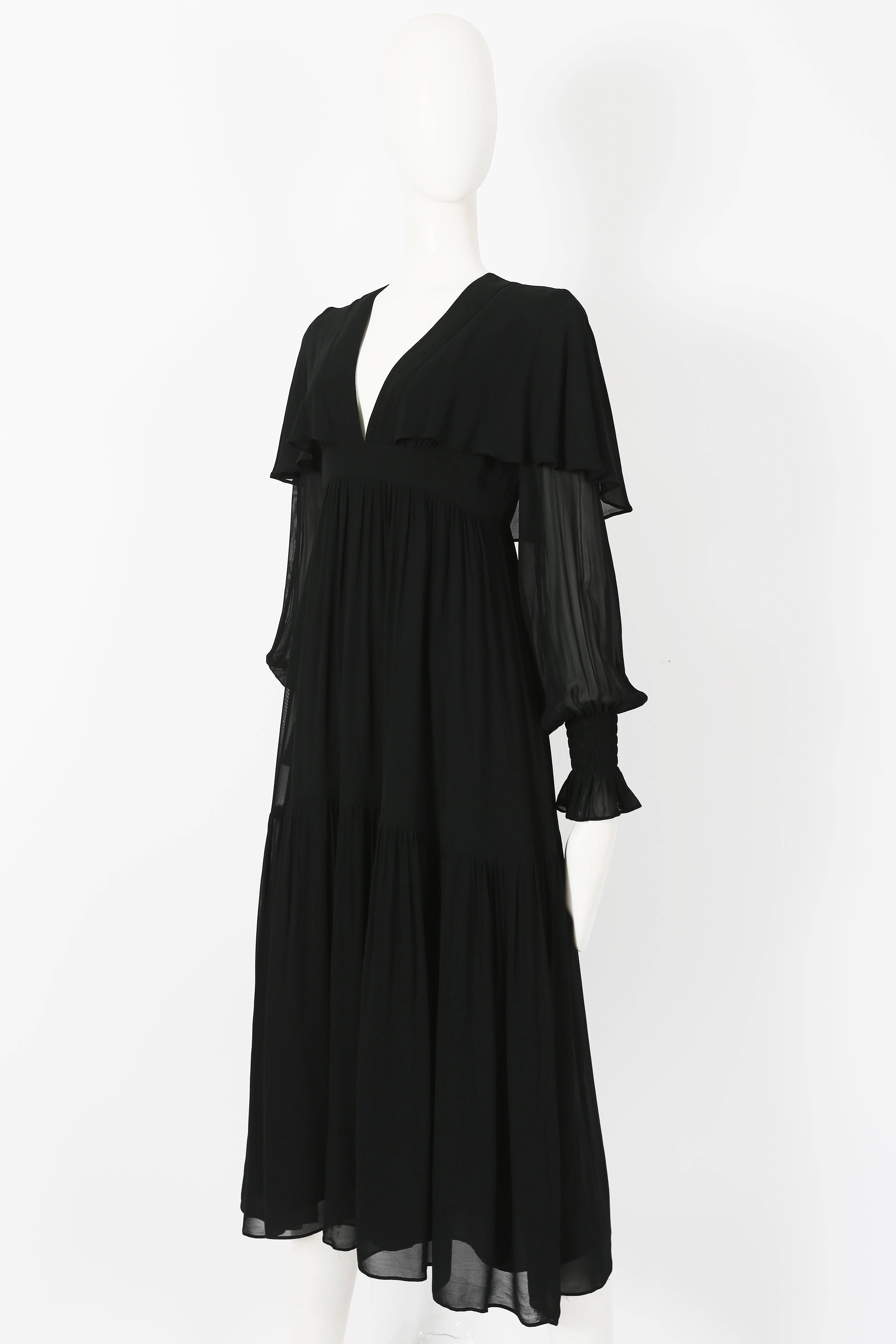 Ossie Clark black chiffon tiered evening dress with capelet, circa 1972 In Excellent Condition In London, GB