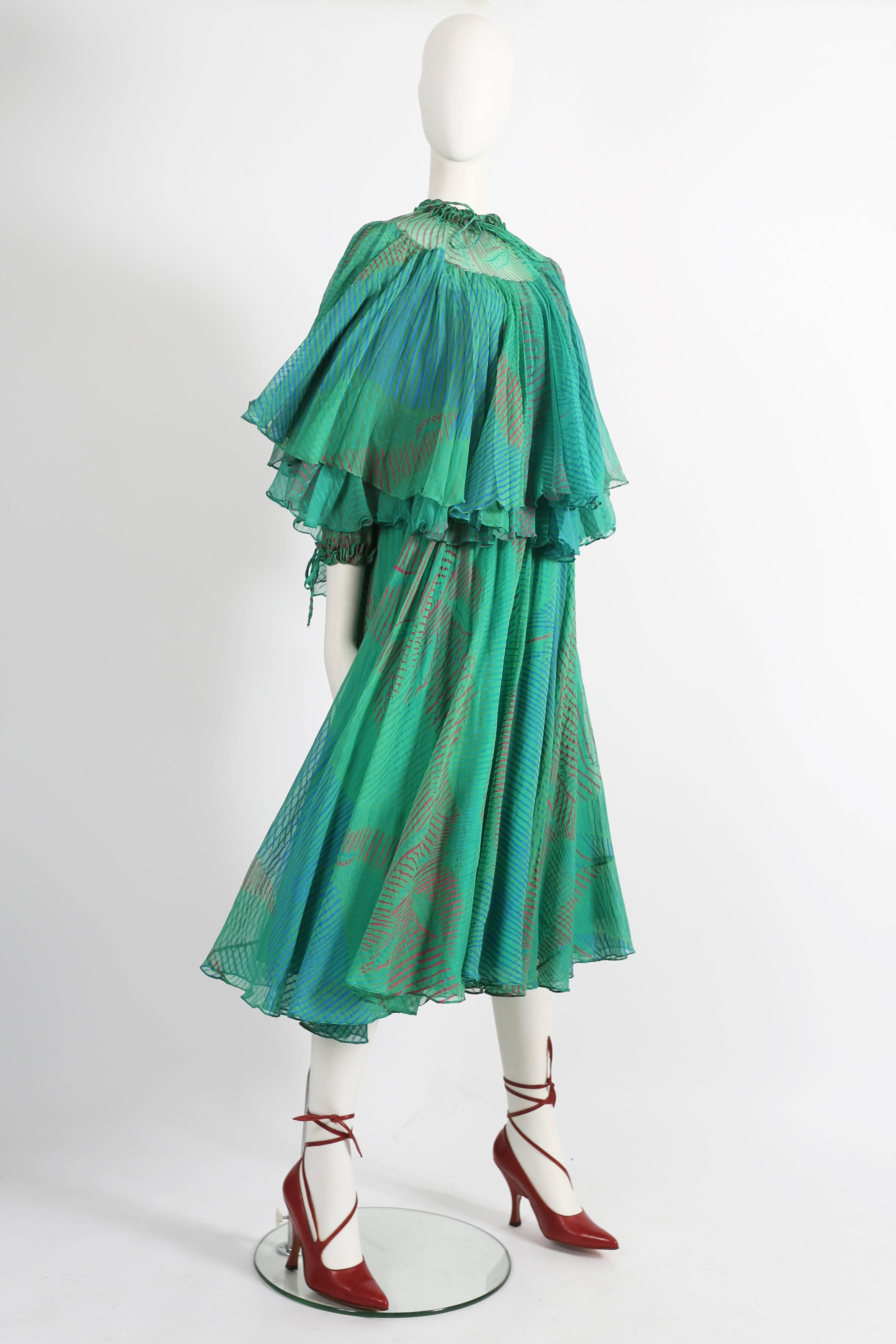 Blue Ossie Clark Celia Birtwell couture silk chiffon screen-print dress, circa 1976