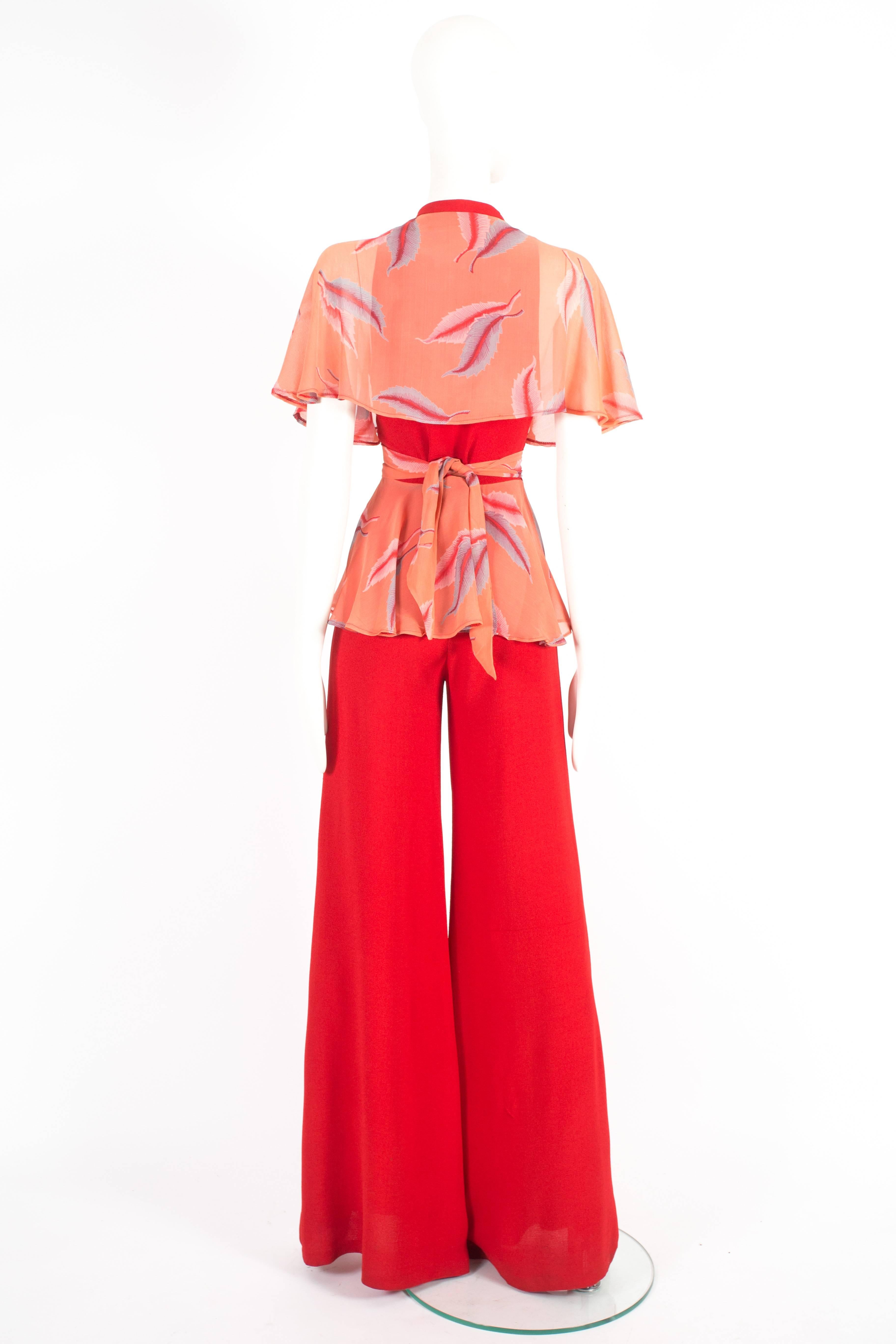 Xenia red moss crepe flared pantsuit, circa 1970 1