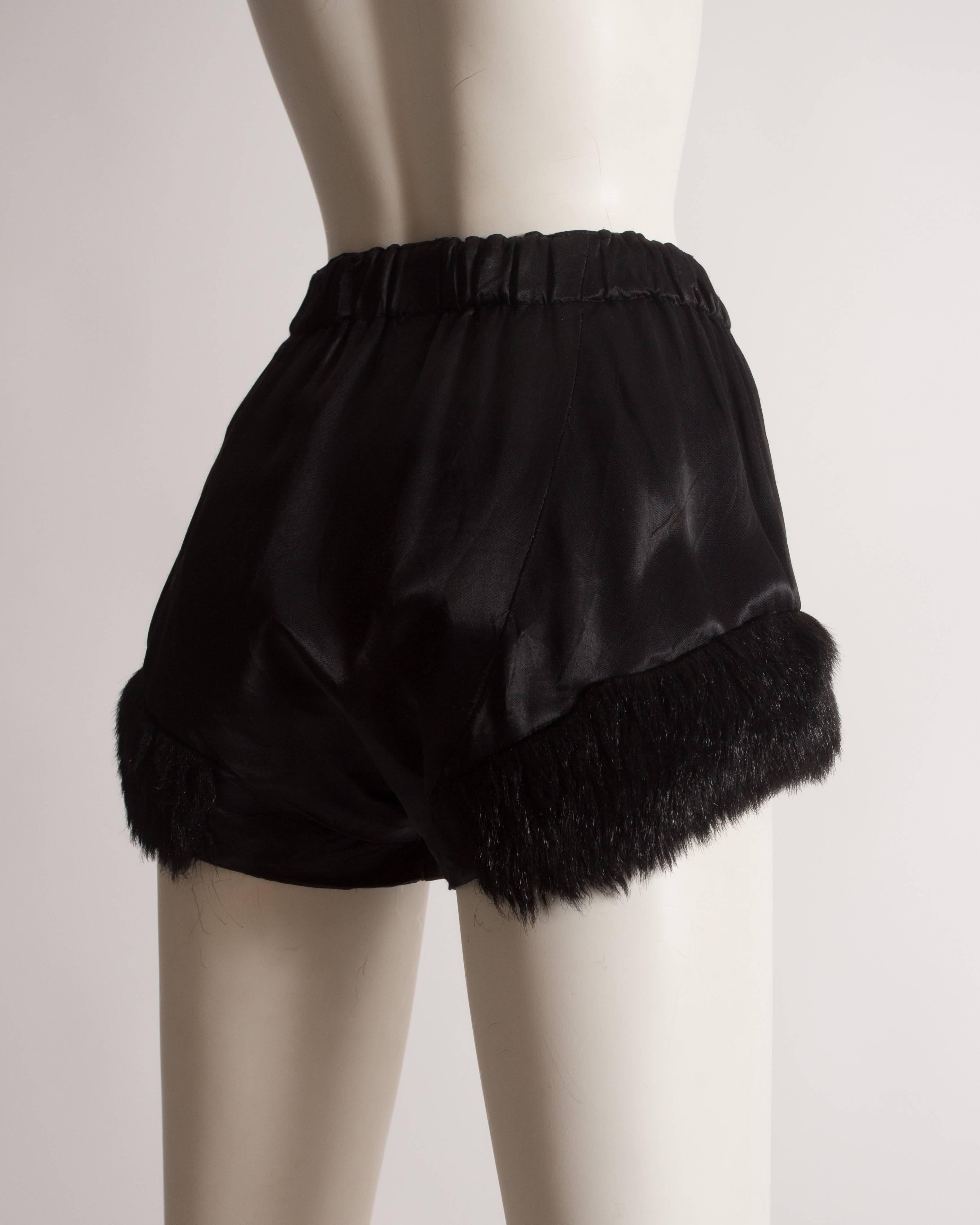 Black Vivienne Westwood black satin mini shorts with faux fur, circa 1991