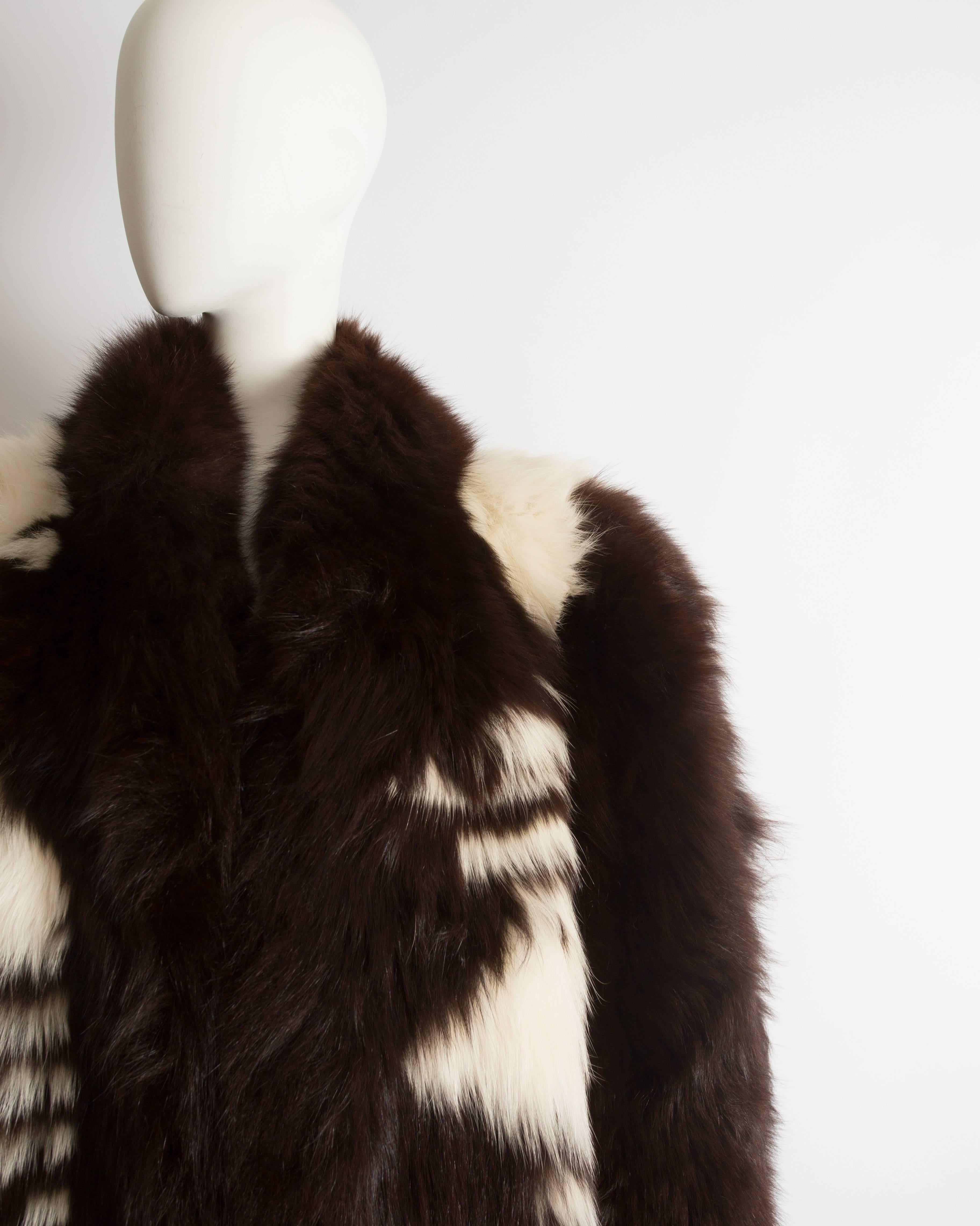 Black Yves Saint Laurent oversized brown and white fox coat, c. 1980s For Sale