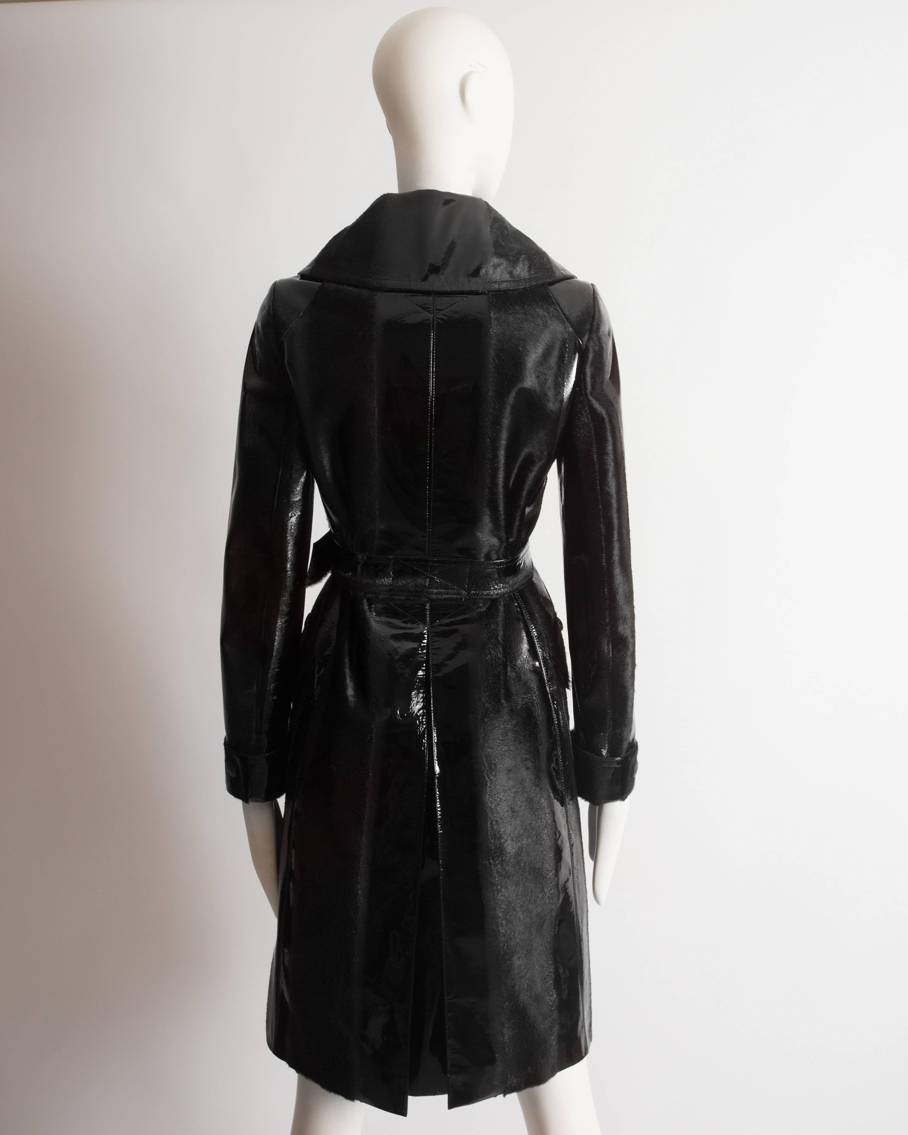 Women's Azzedine Alaia black varnished pony hair trench coat, fw 2014 For Sale