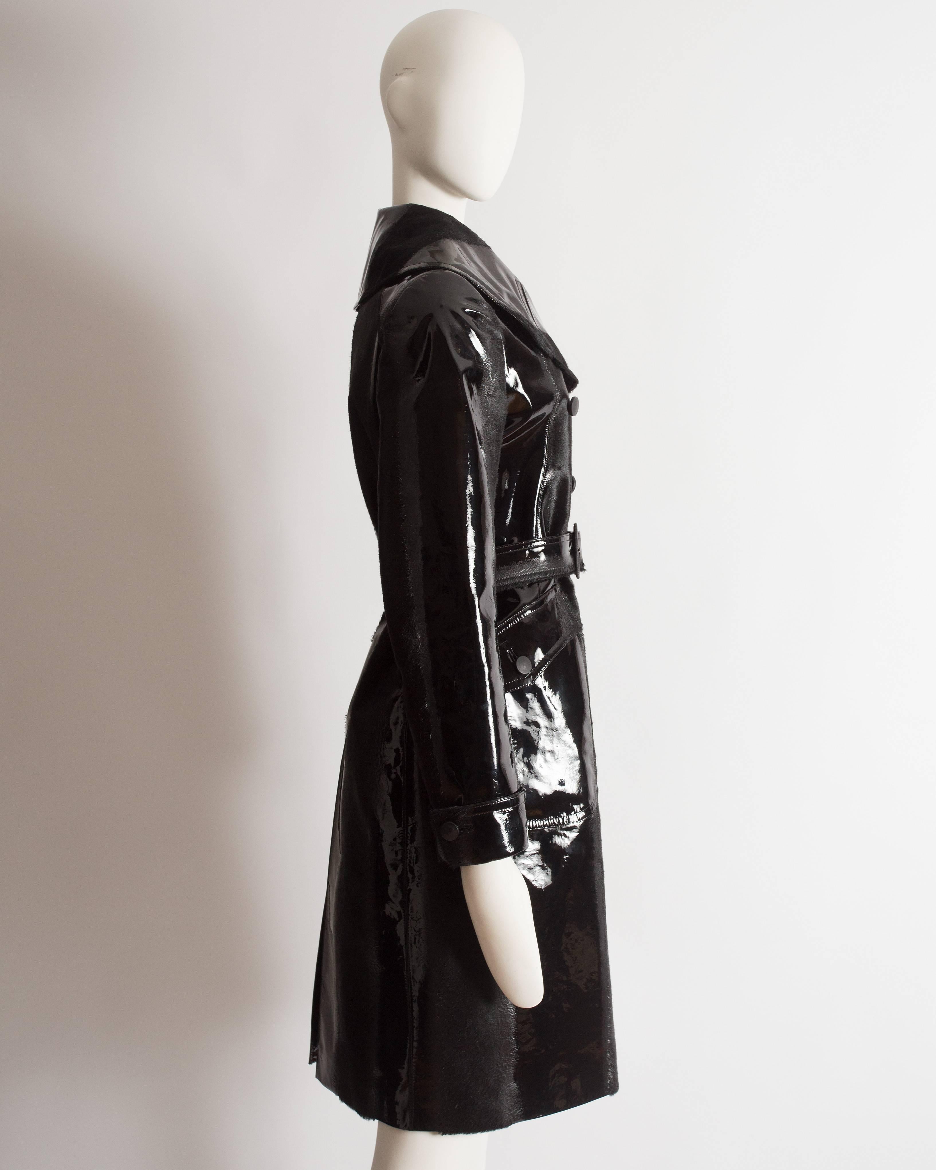 Black Azzedine Alaia black varnished pony hair trench coat, fw 2014 For Sale
