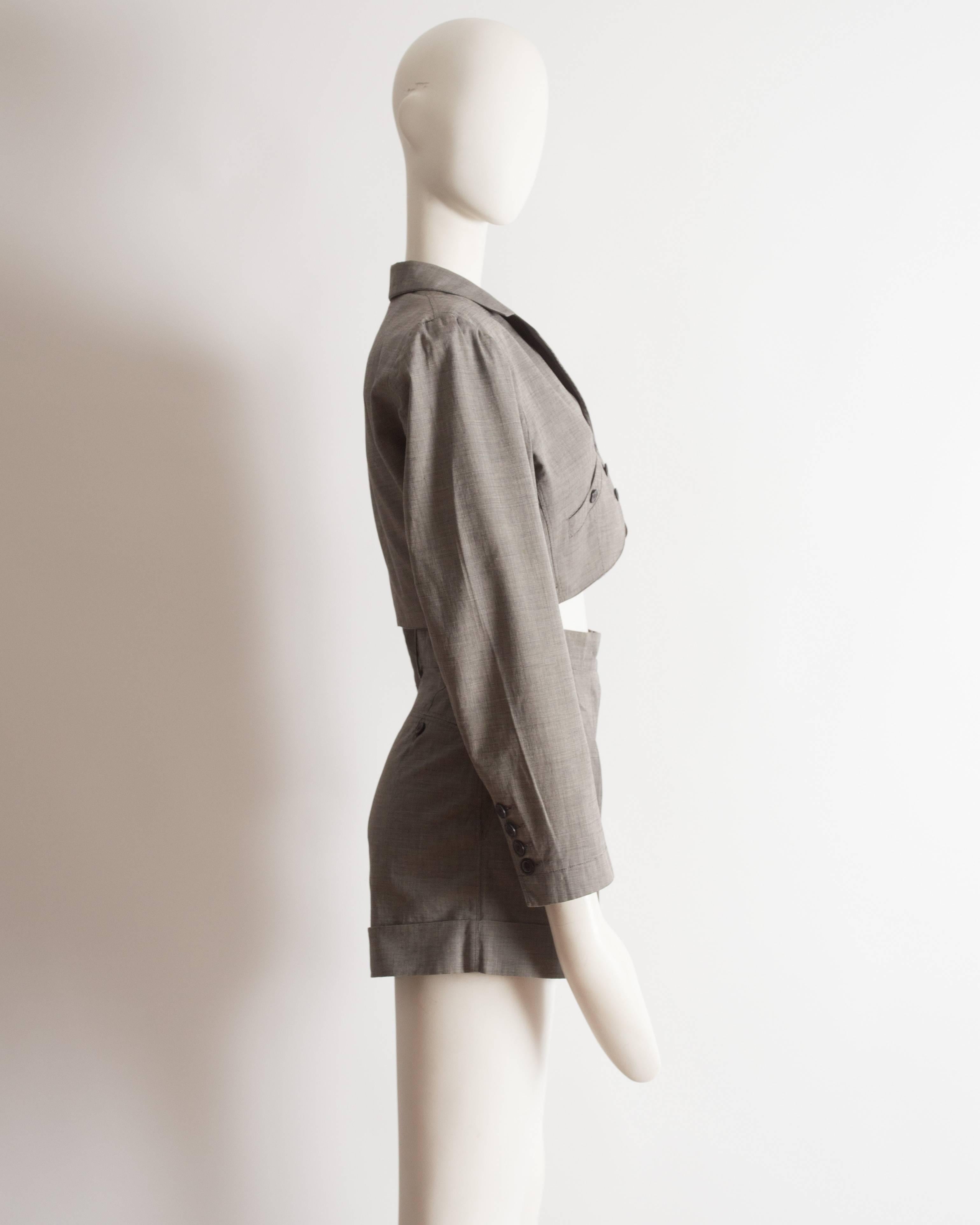 Azzedine Alaia grey cotton cropped blazer and mini shorts set, ss 1988 In Excellent Condition In London, GB