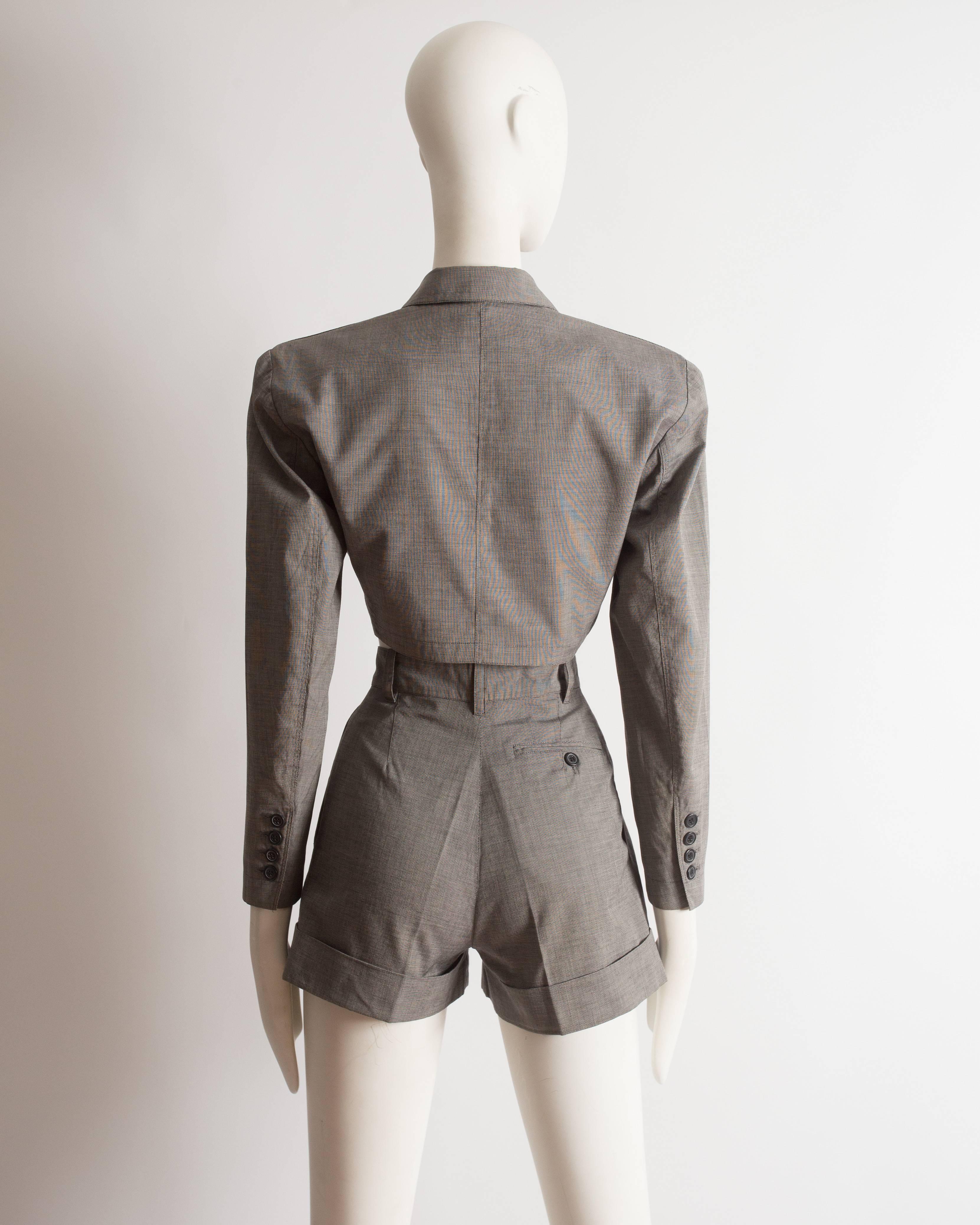 Women's Azzedine Alaia grey cotton cropped blazer and mini shorts set, ss 1988