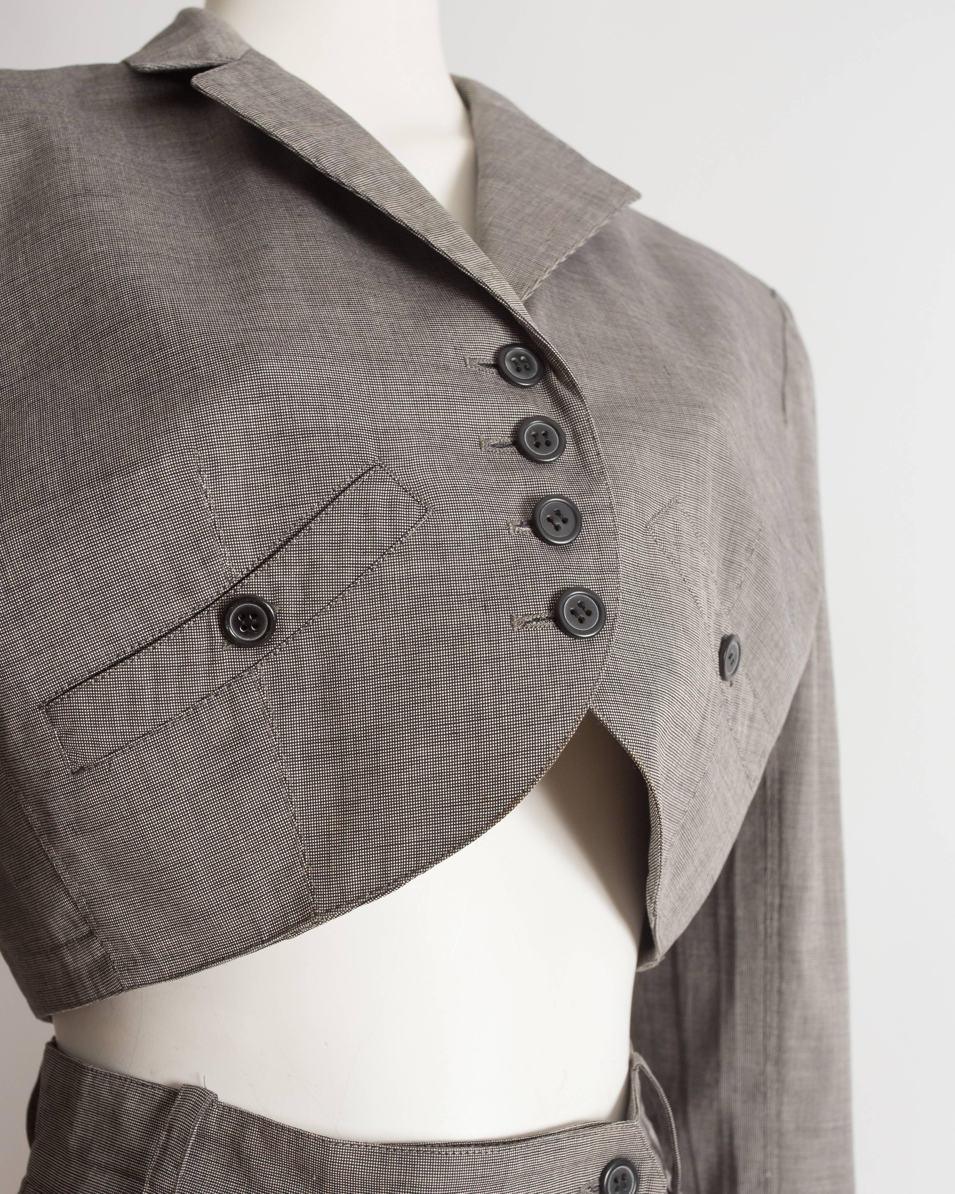 Gray Azzedine Alaia grey cotton cropped blazer and mini shorts set, ss 1988