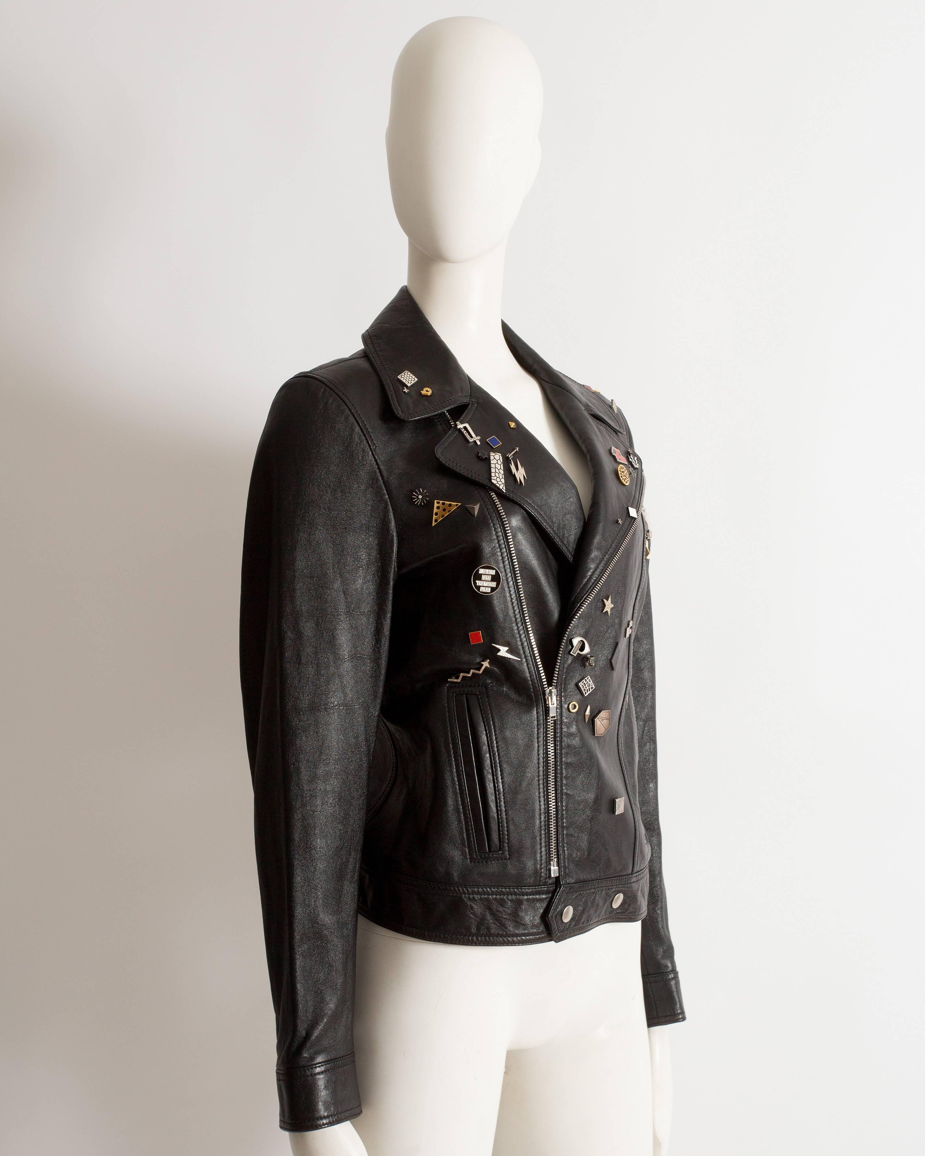 Black Saint Laurent by Hedi Slimane black leather biker jacket with badges , AW 2015