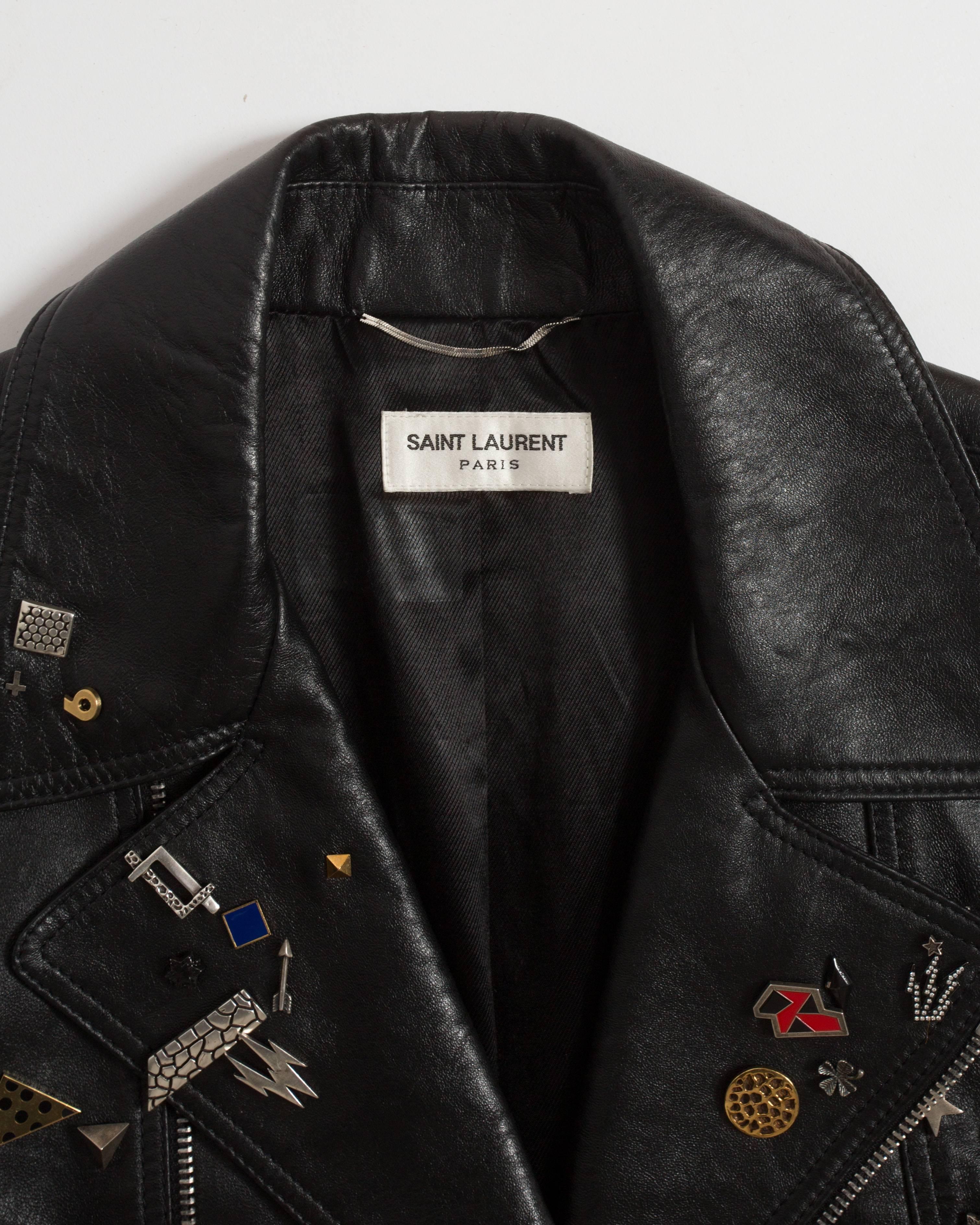 Saint Laurent by Hedi Slimane black leather biker jacket with badges , AW 2015 2