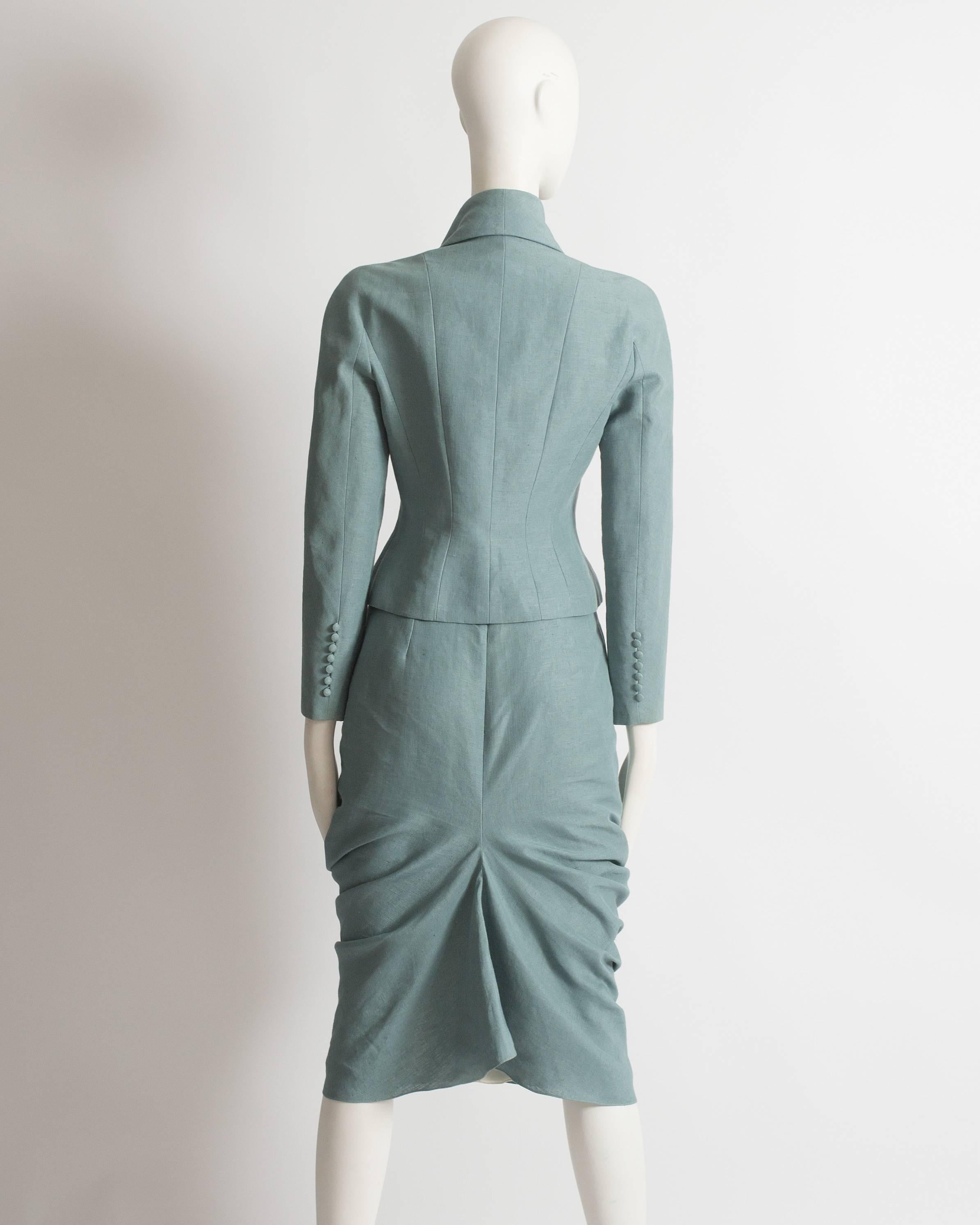 Women's John Galliano teal linen jacket and draped skirt suit, ss 1999 For Sale